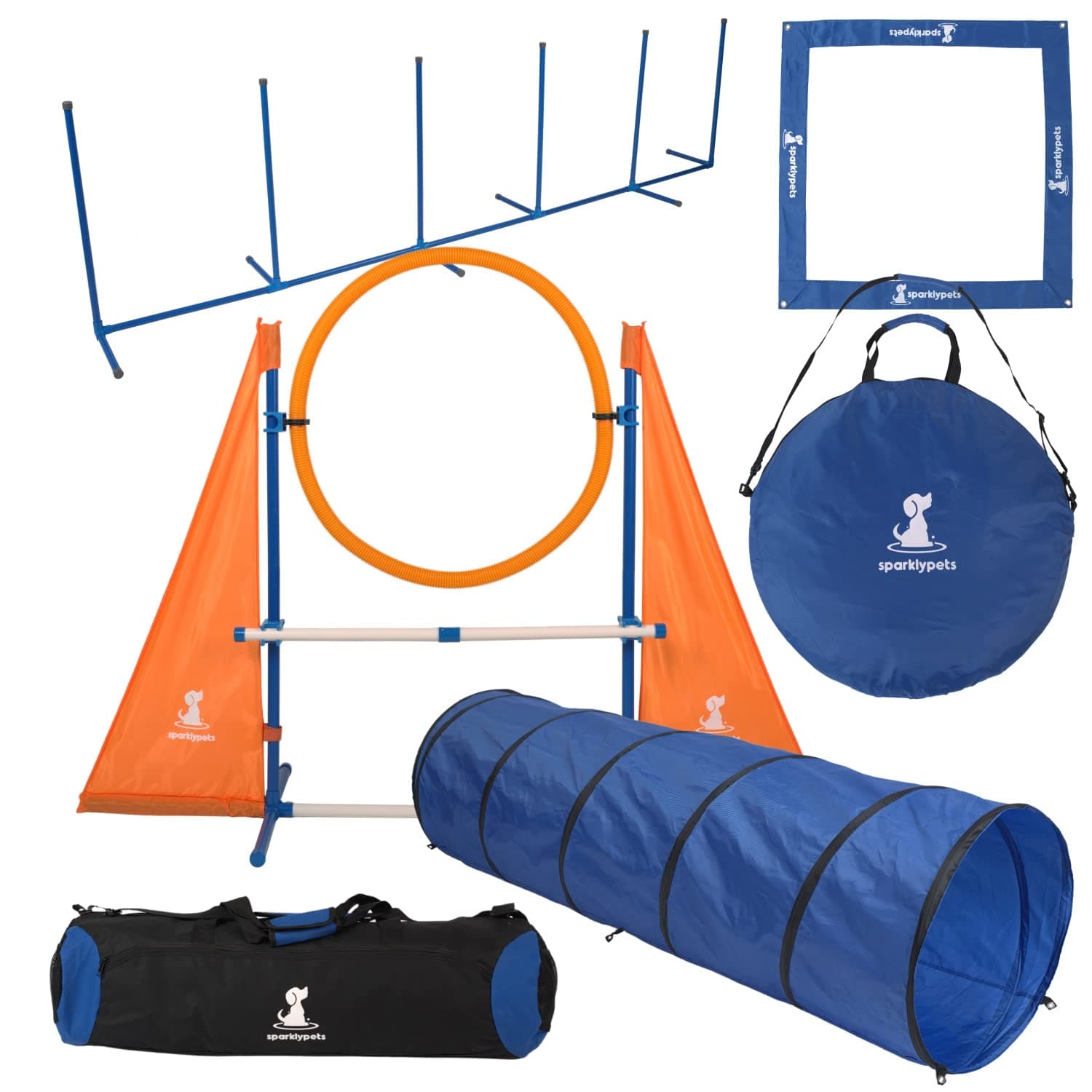 SparklyPets Dog Agility Training Equipment Set for Indoor & Outdoor – Complete Dog Agility Course for Dogs with Weave Poles, Pause Box, Tunnel, Tire & Hurdle Jump (Essential)