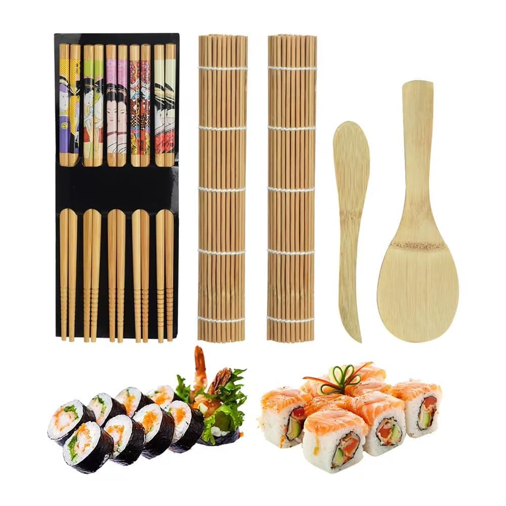 AMERTEER 9 PCS Sushi Making Kit,Complete Sushi Maker Kit for Beginners & Pros, Bamboo Rolling Sushi Maker, Includes 2 Sushi Curtain, 1 Spoon, 1 Blade, 5 Pairs of Chopsticks, Easy to Use