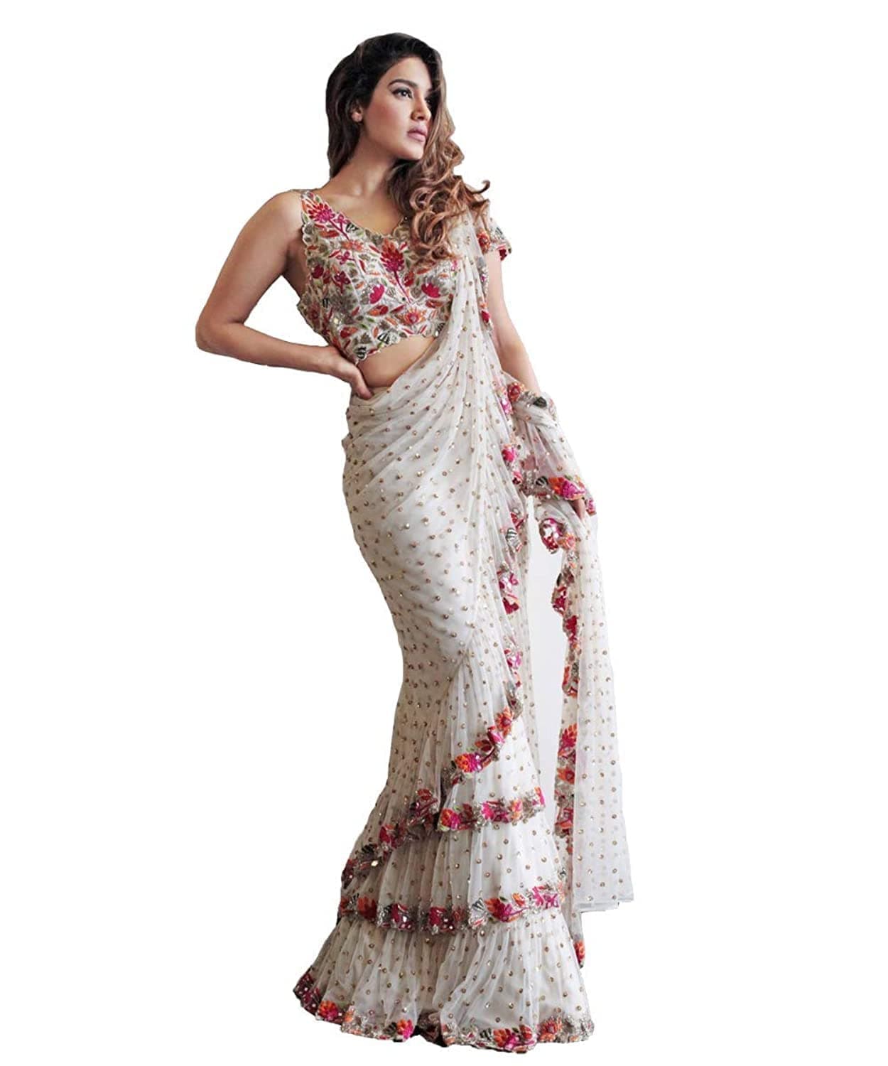 Indian Saree Sari Frill Ruffle Border Bollywood Georgette Work Ruffle Saree White