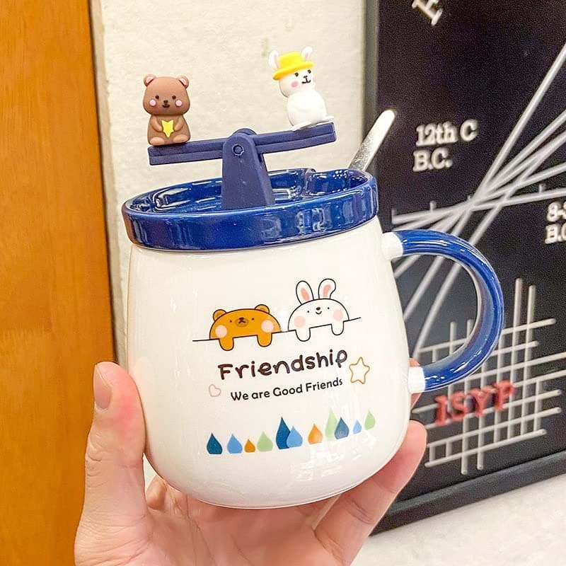 LEVALO DIY Novelty Cup, Creative Shaped Mug,400mL Cute Bear and Rabbit Coffee Mug with Seesaw Cover Creative Friendship Pattern Milk Juice Ceramic Cup Gifts for Friends (Color : Dark Blue)