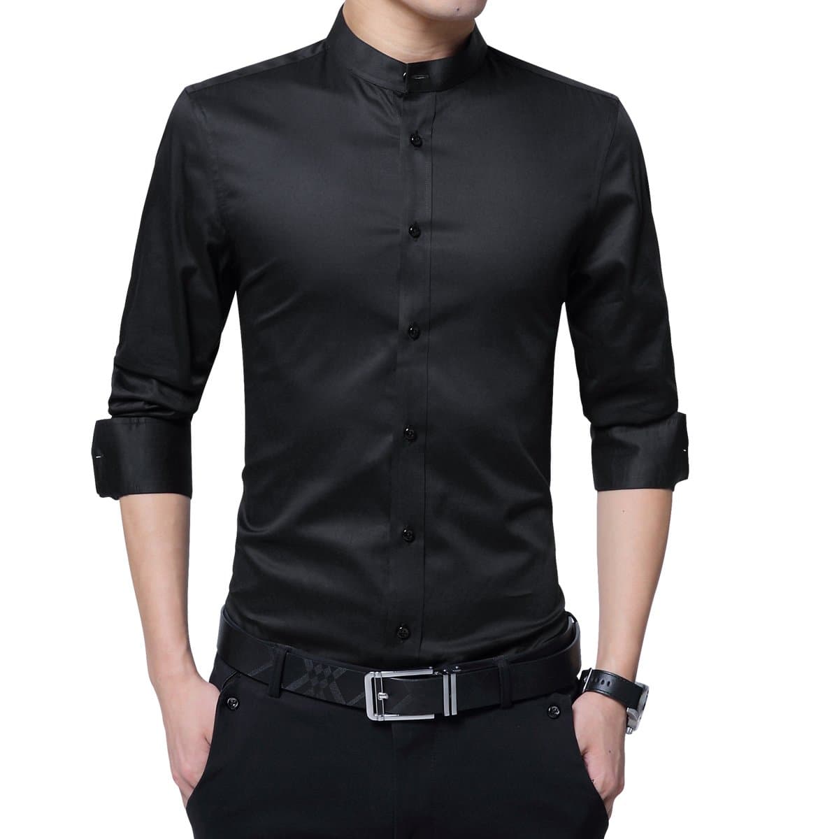 SliktaaMens Casual Shirts Long Sleeve Slim Fit Grandad Collar Formal Tuxedo Shirts, M, Black