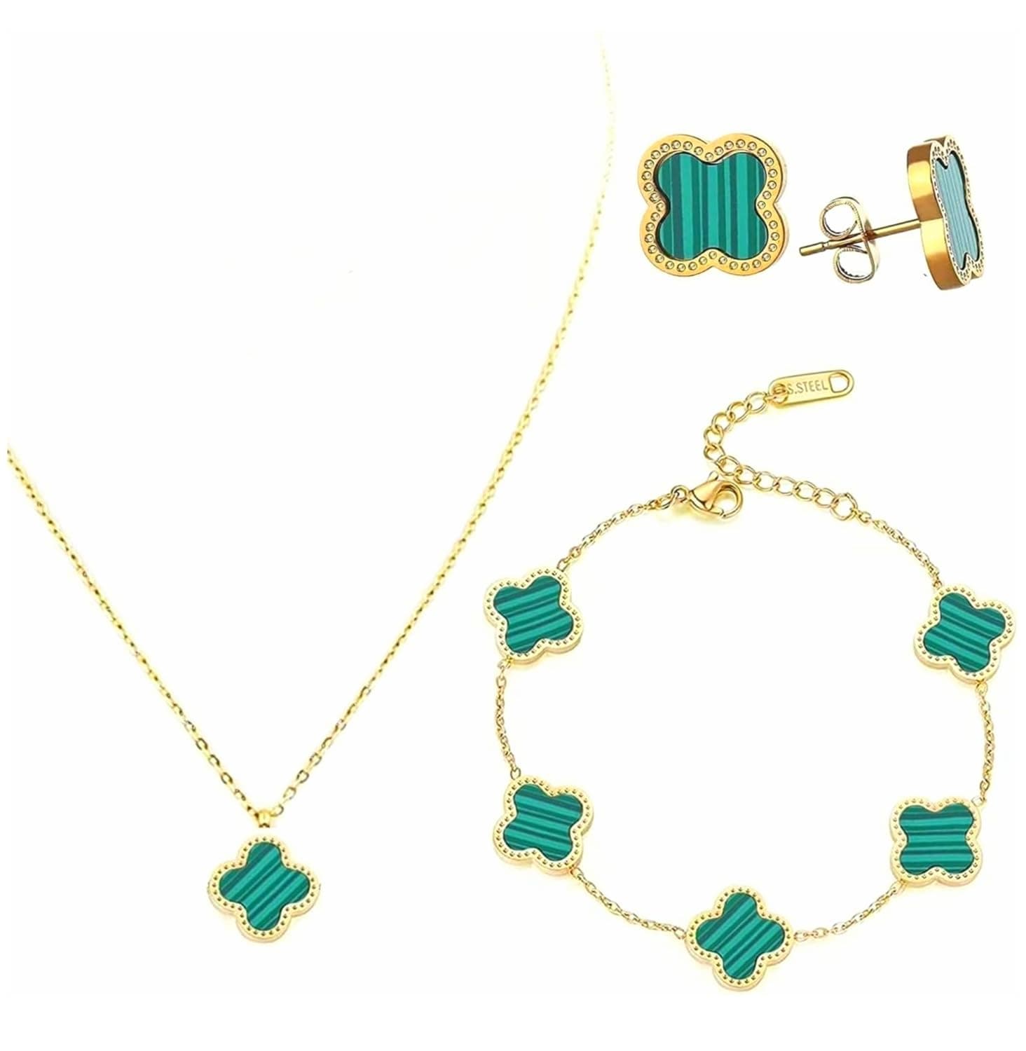 Julie & CoFour Leaf Clover 18K Gold Plated Jewelry Set Jewelry Set for Women (Necklace, Bracelet, Earrings), Comes with a Cute Keychain in a Julie & Co Stylish Gift Box., 50CM, Stainless Steel,