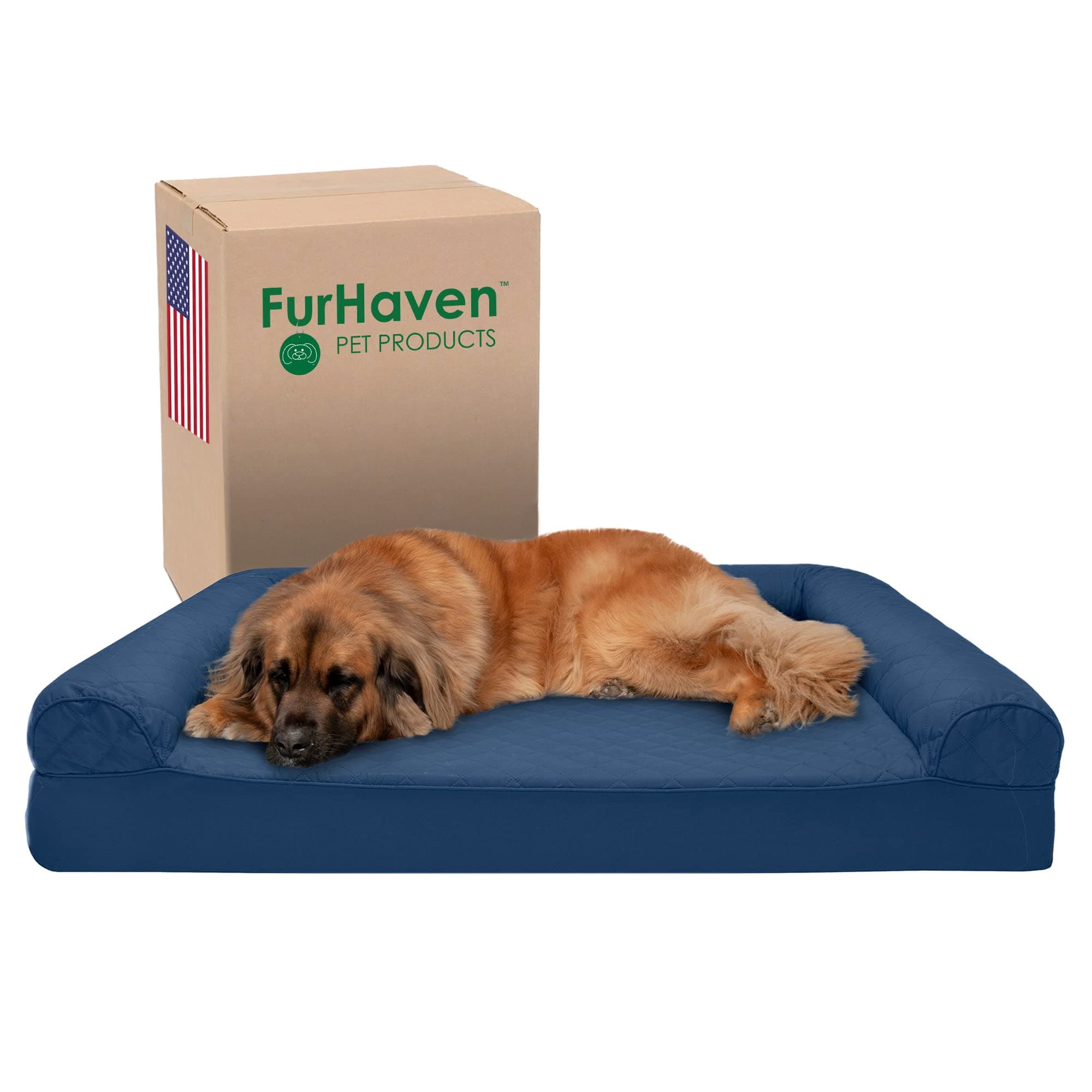 Furhaven Pet Dog Bed | Memory Foam Quilted Traditional Sofa-Style Living Room Couch Pet Bed w/Removable Cover for Dogs & Cats, Navy, Jumbo Plus