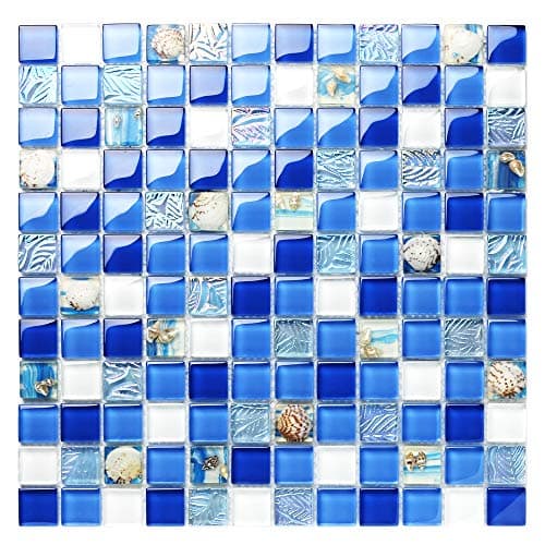 TST Glass Conch Tiles Beach Style Sea Blue White Glass Mosaic Mother of Pearl Resin for Bathroom Shower TSTNB07 (1 Sample [4''x6''])