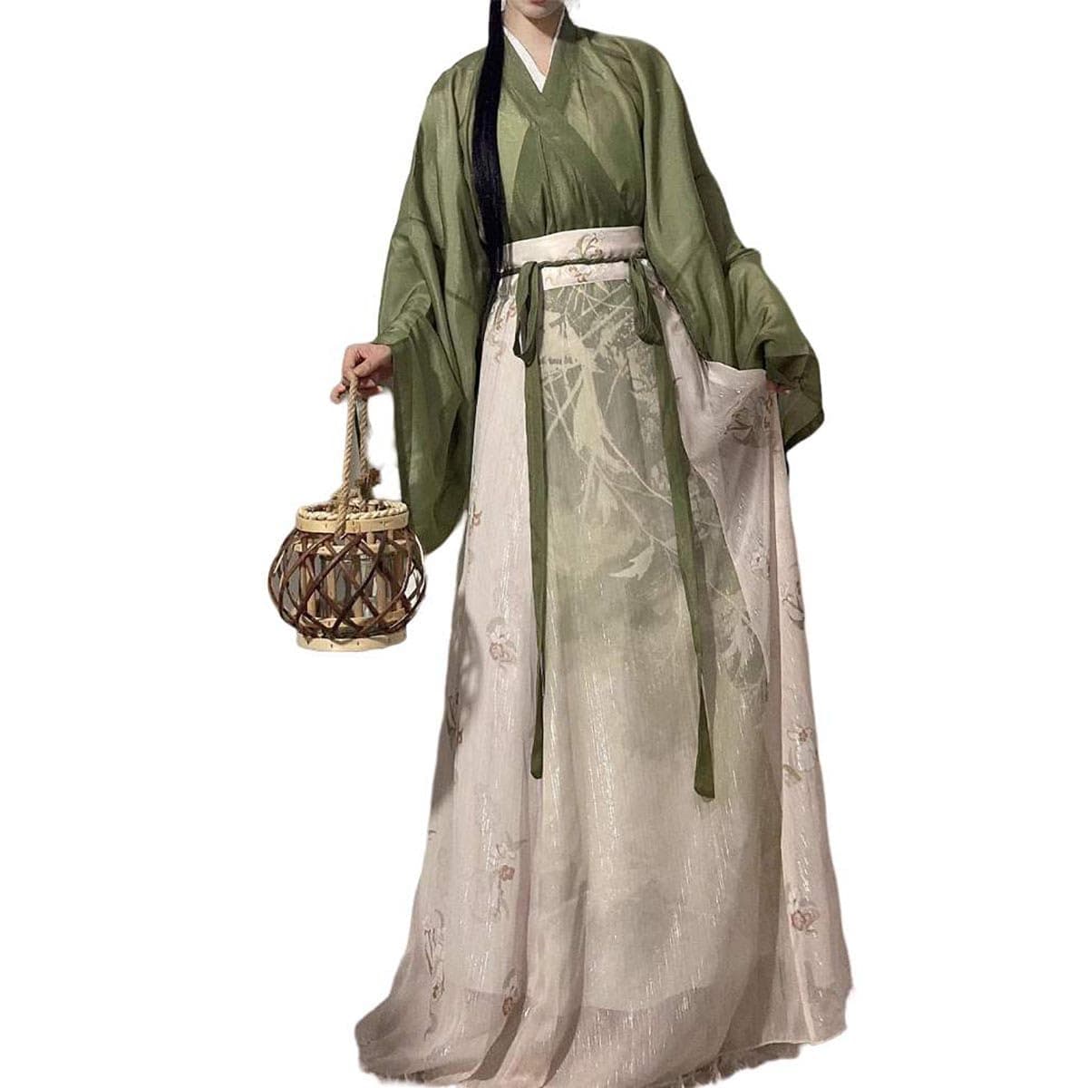 GenericWomen's Wide Sleeve Hanfu Dress Cross Neck Qiyao Poqun Chinese Folk Dance Costume