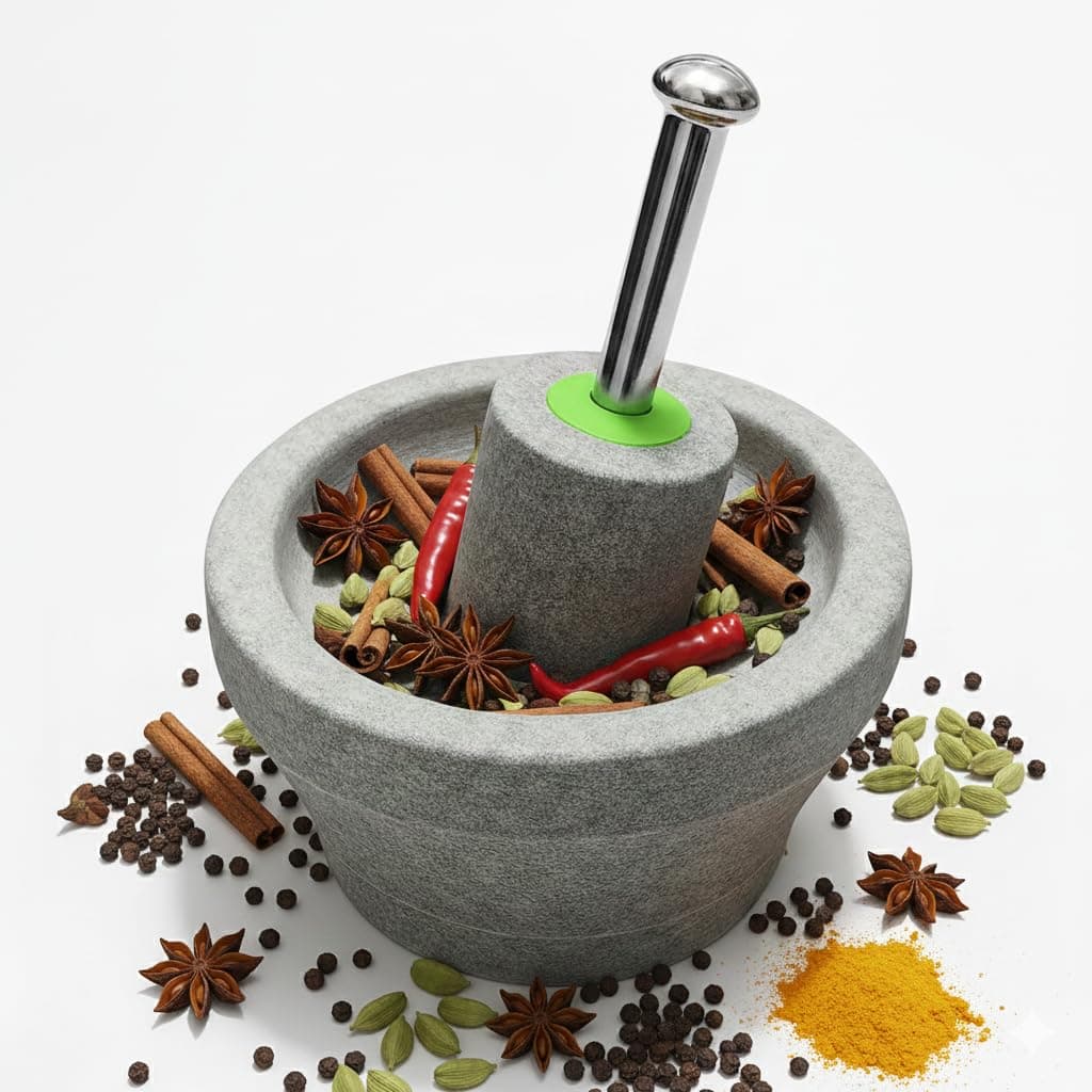 Lakshmi HandyCrafts Stone Mortar and Pestle Set 10 Inch – Natural Manual Masala Grinder with Steel Handle | Traditional Spice Crusher for Kitchen, Chutney, Herbs & Masala | Heavy Duty Stone Grinder
