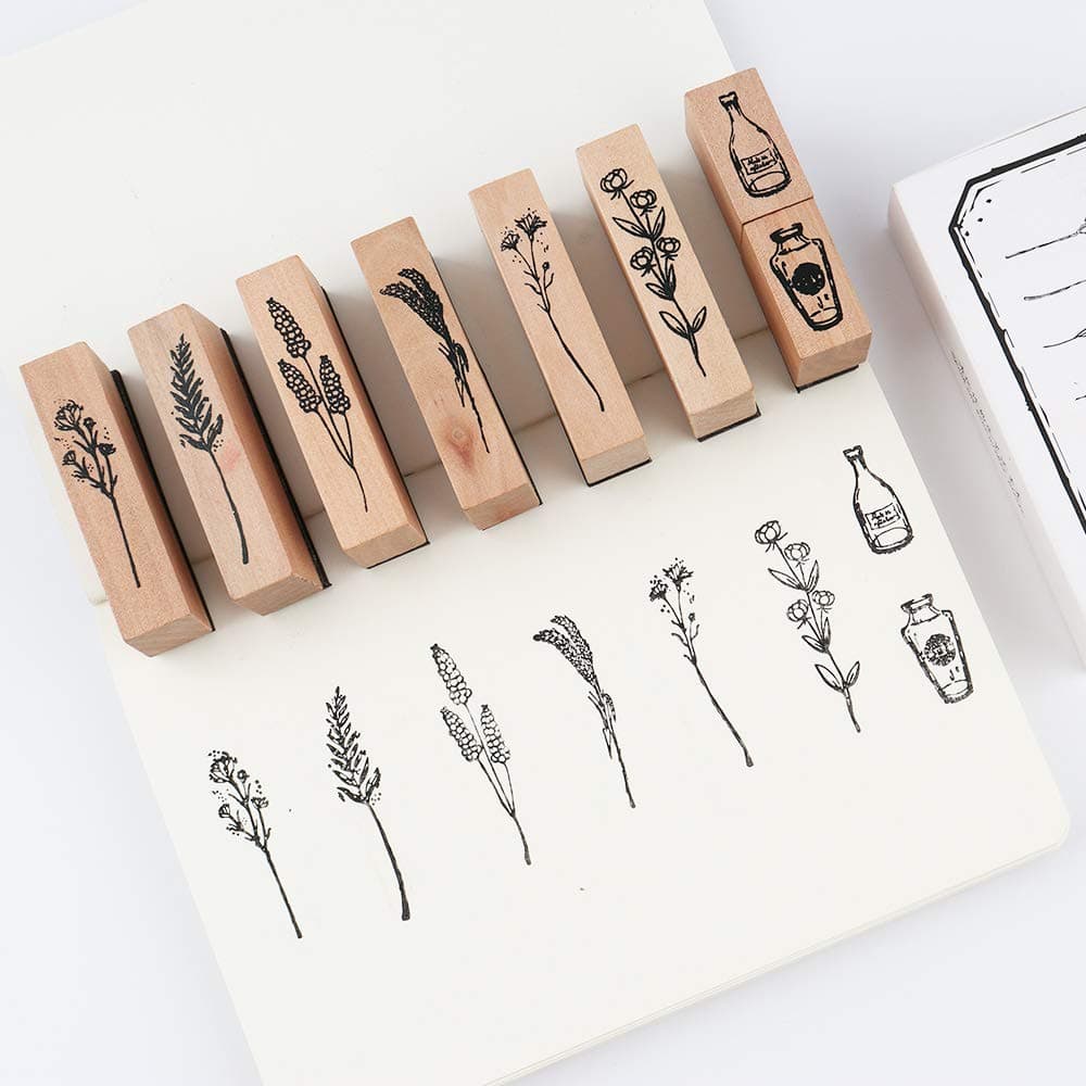 Dizdkizd 8 Pieces Vintage Wooden Rubber Stamps, Plant & Flower Decorative Mounted Rubber Stamp Set for DIY Craft, Letters Diary and Craft Scrapbooking