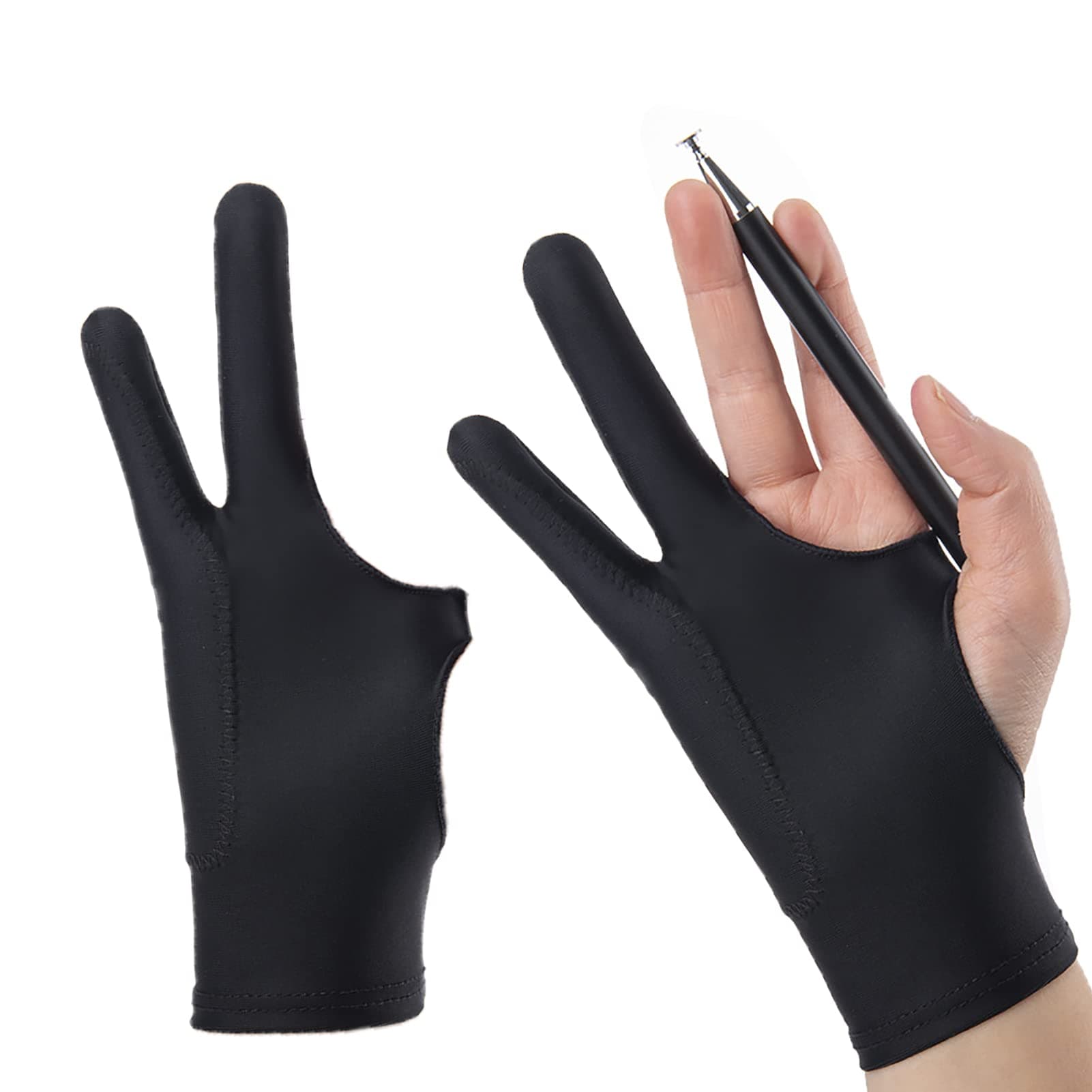 Beejoy 2 Pcs Drawing Glove, 3 Layer Artist Glove, Anti Fouling Drawing Glove Left Right Hand with 2 Fingers, Tablet Glove for Graphic Drawing Tablet iPad Sketching, 7.87 in High-elastic Breathable
