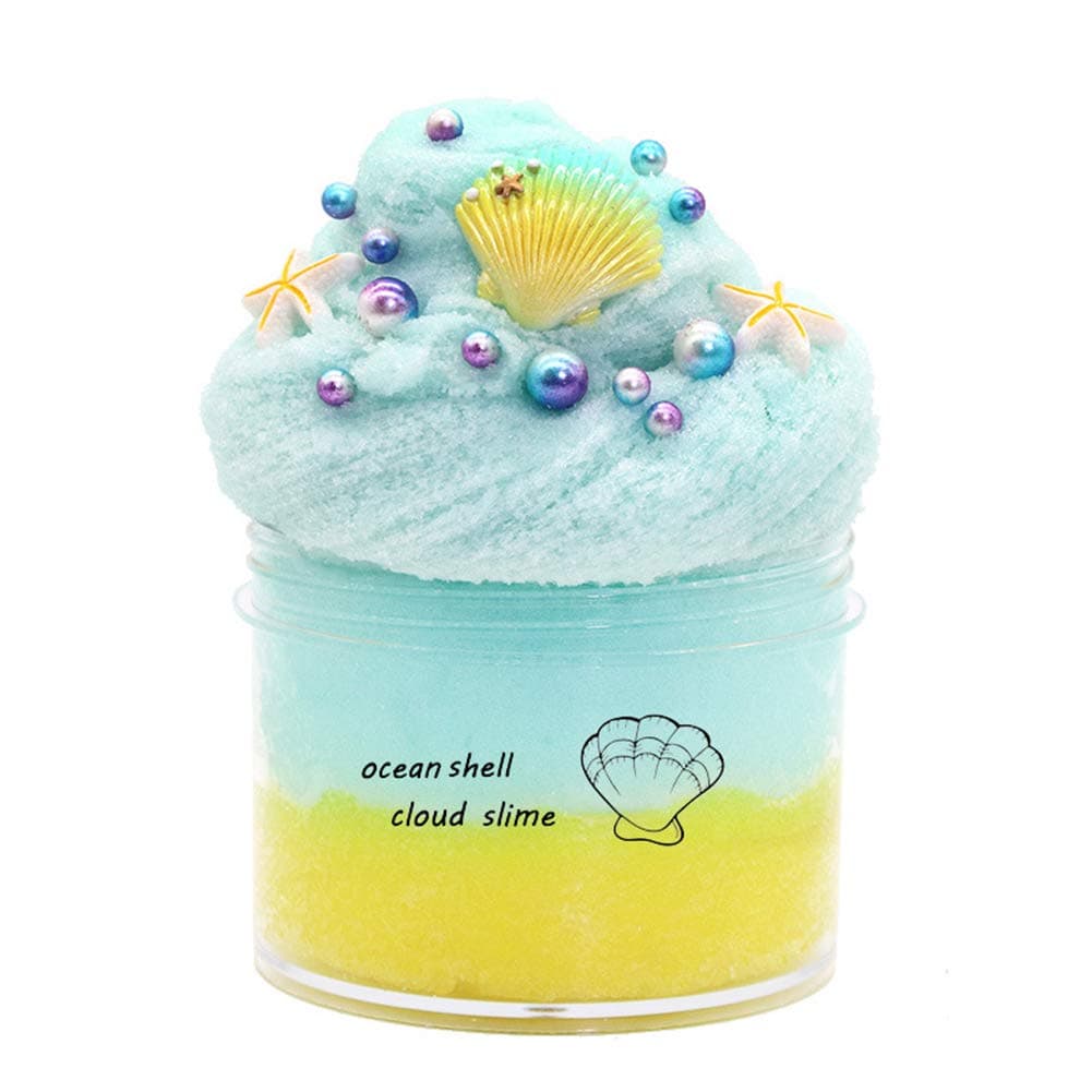 Fluffy Cloud Slime Soft Stretchy Slime Charms Stress Relief Toy Scented DIY Slime Sludge Party Favors Seashell Slime for Girls Boys Kids Adults 200ML(Yellow Green)