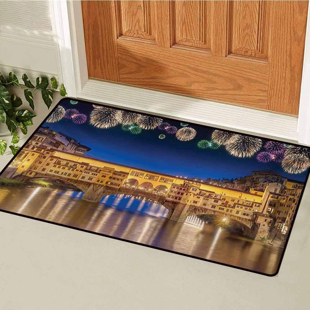 GUUVOR Landscape Commercial Grade Entrance mat Night Panoramic View Vecchio Bridge Florence Italy Colorful Fireworks for entrances garages patios W47.2 x L60 Inch Yellow Navy Purple