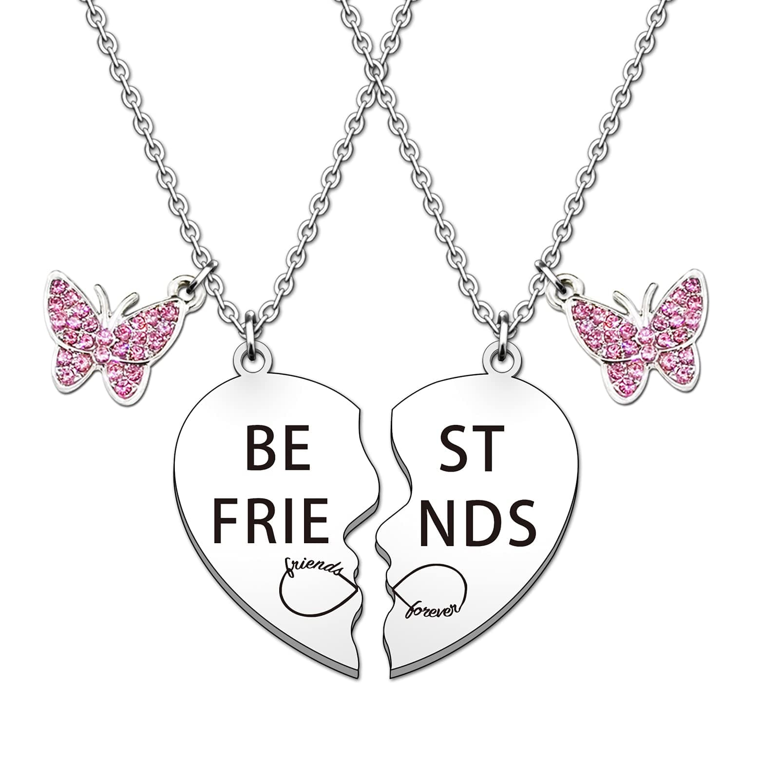 Best Friend Necklaces For 2 Girls BFF Best Friends Gifts Friendship Puzzle Heart Necklace Set Charm Pink Rhinestone Butterfly Pendant Necklace Jewellery