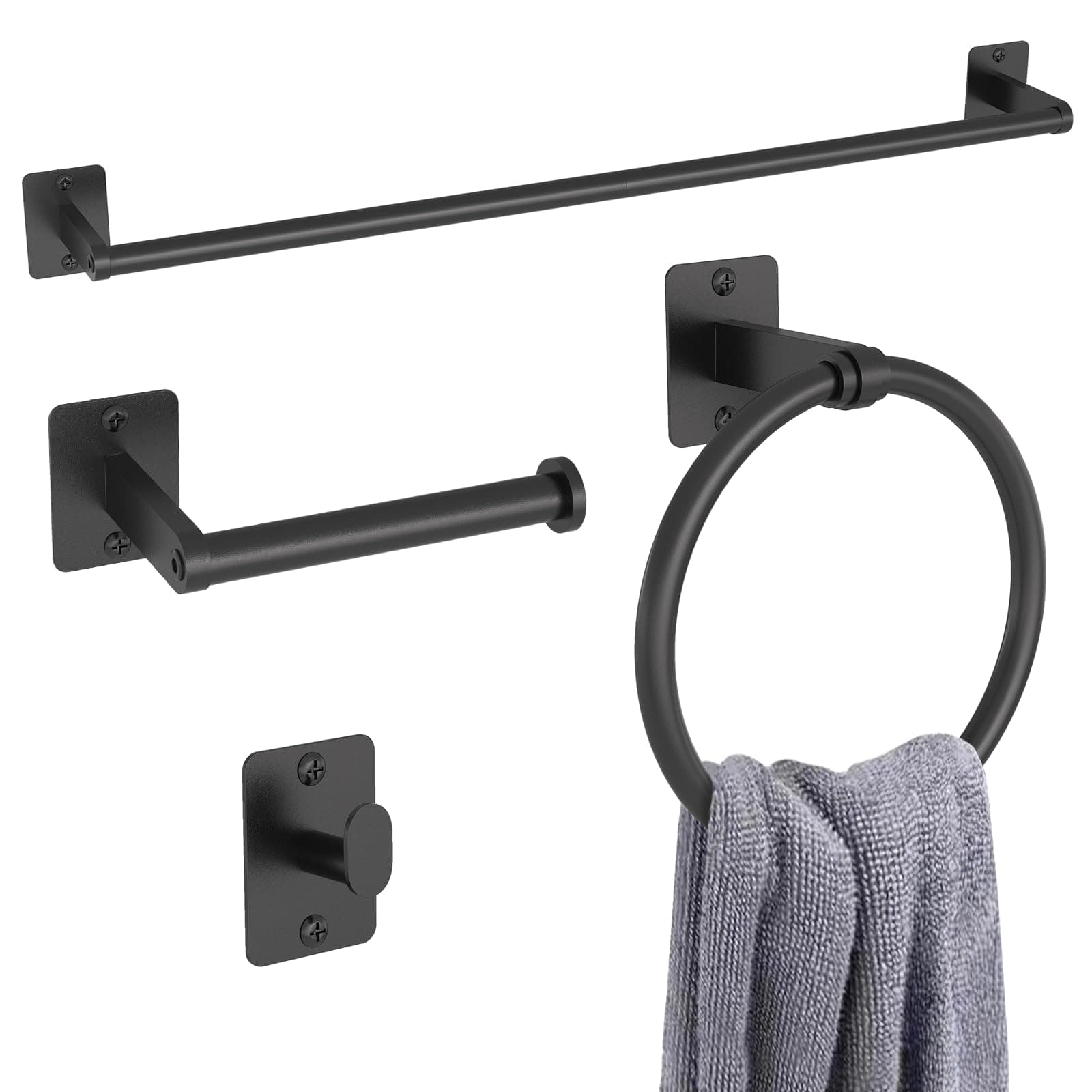Matte Black Bathroom Accessories Set, 4 Pieces Bathroom Hardware Set, 24 inch Towel Bar, Towel Racks for Bathroom, Robe Towel Hooks, Toilet Paper Holder Wall Mounted
