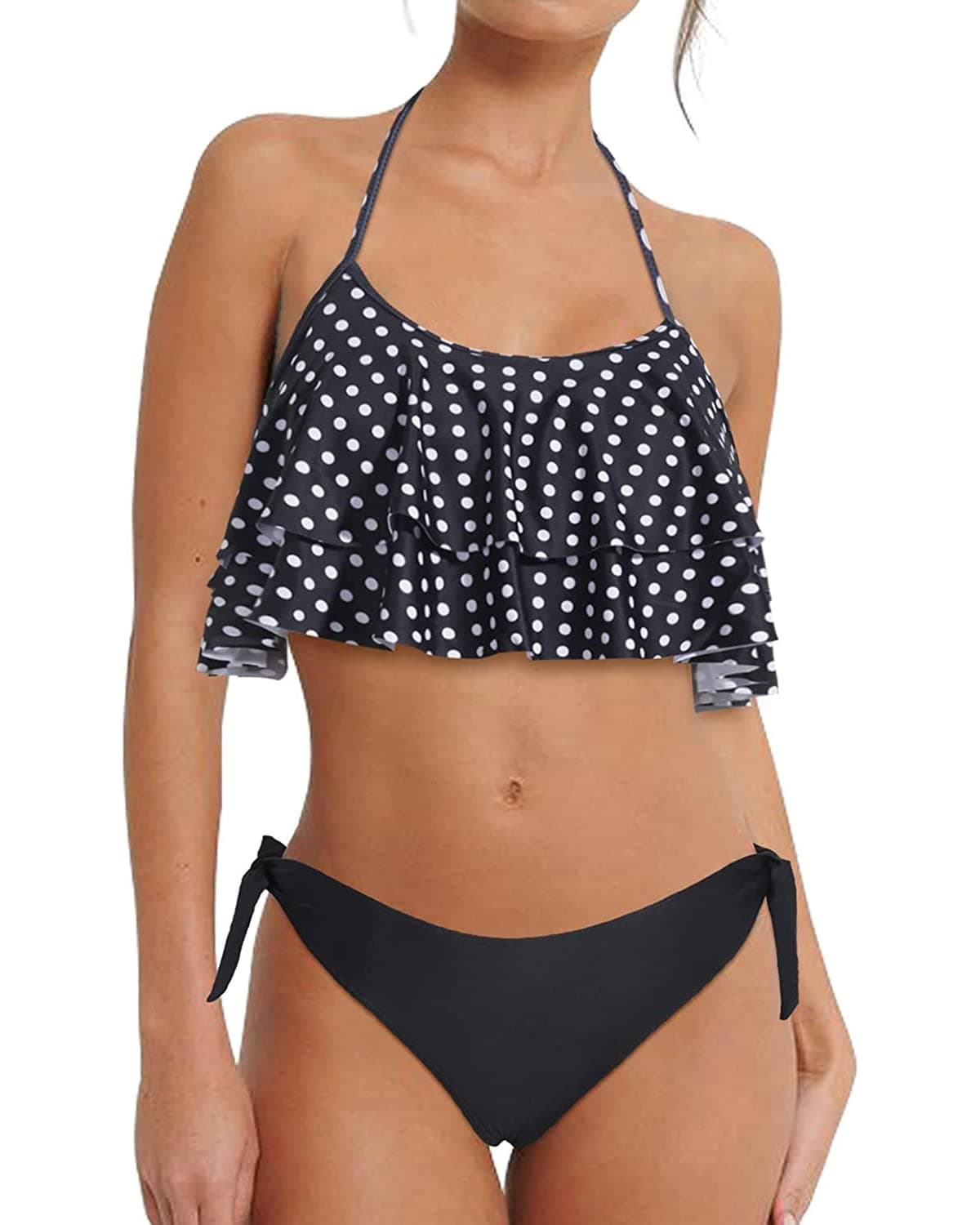 Aqua Eve Women Flounce Bikini Side Tie Two Piece Swimsuits Halter Ruffled Juniors Bathing Suits