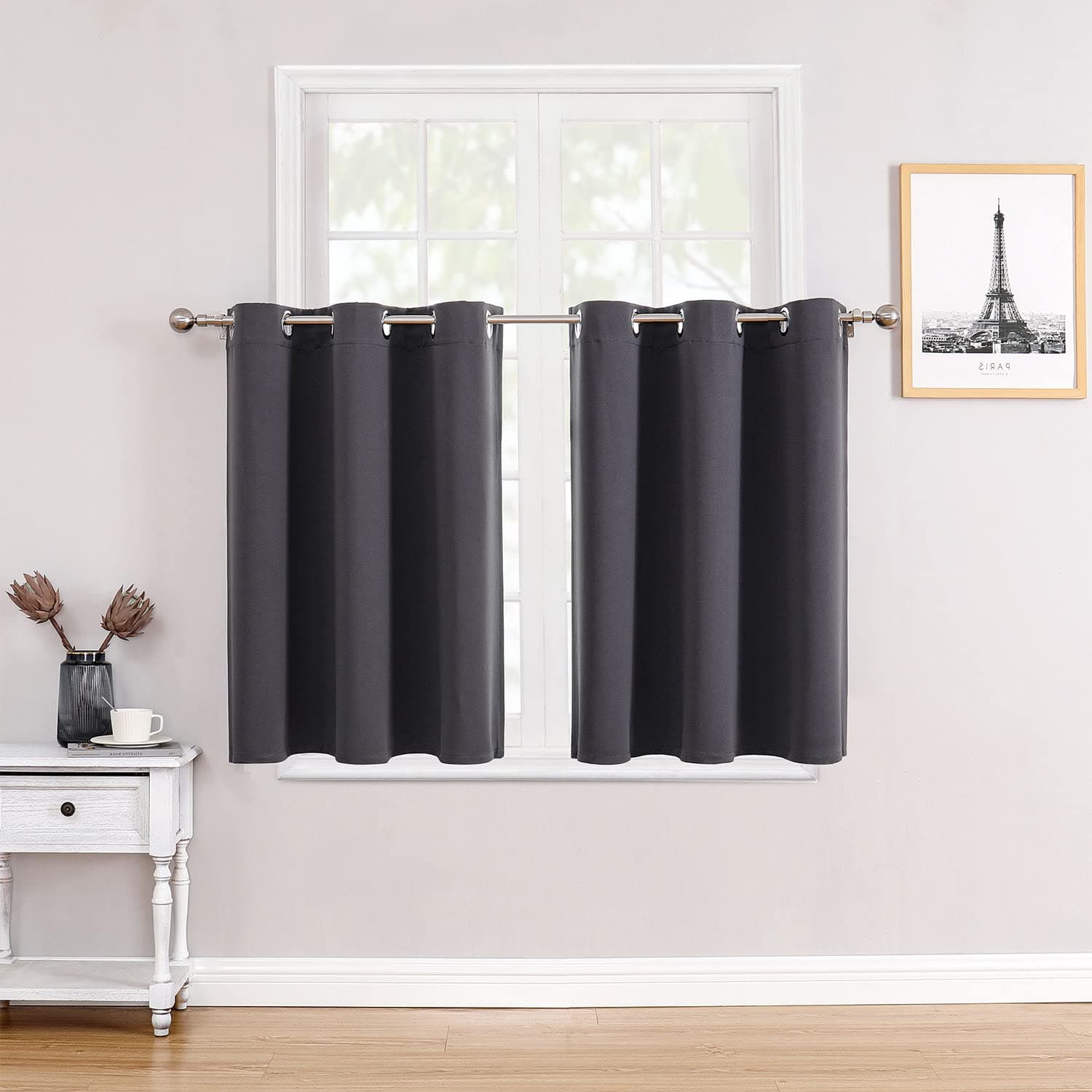 Small Window Curtains for Kitchen and Bedroom - Grommet Short Thermal Insulated Room Darkening Curtains (2 Panels, Dark Grey, 42 x 36 Inch)