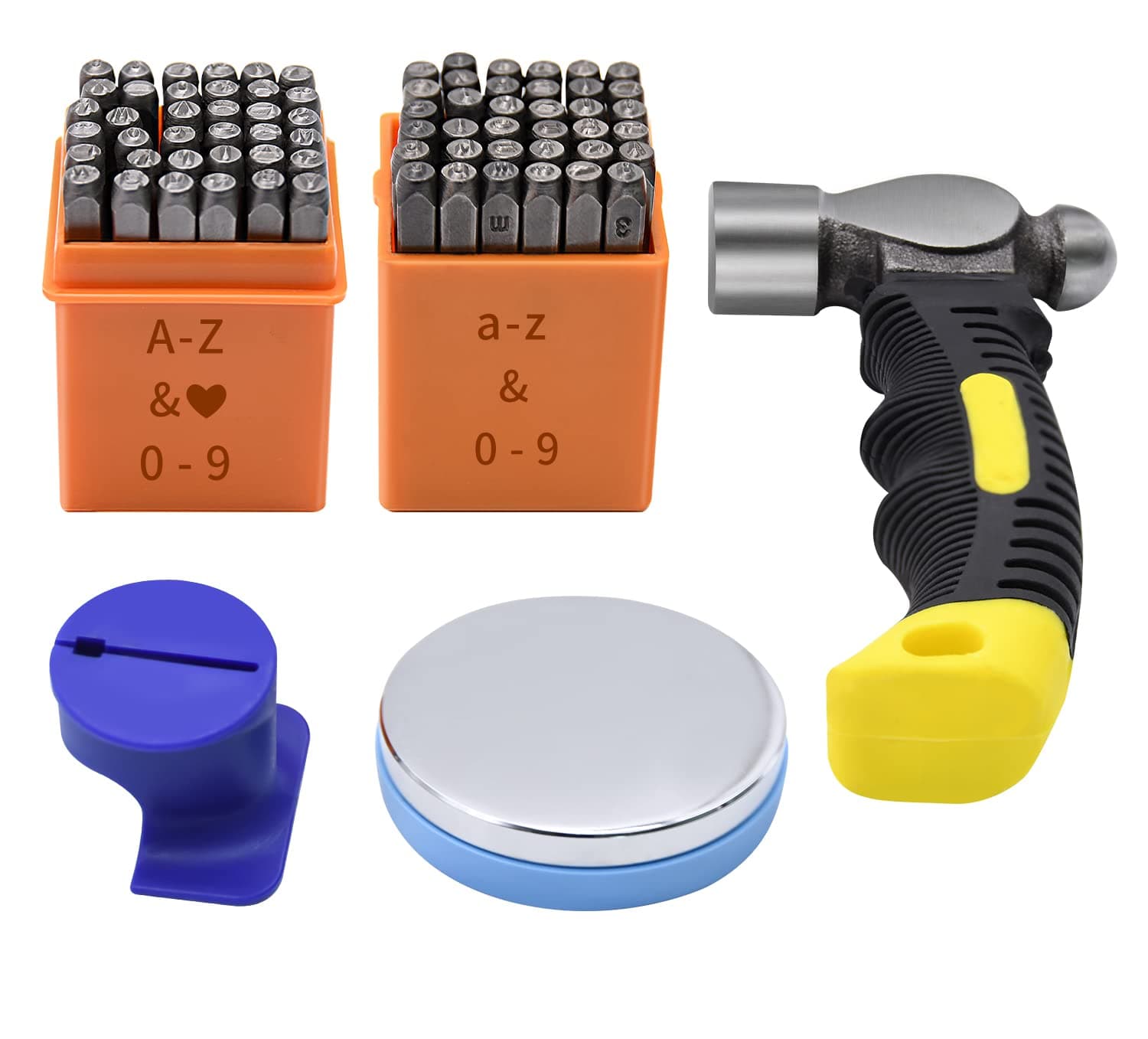 74pcs Metal Stamping Kit, DkOvn Complete Jewelry Making Stamping Tools with 1/8" (3mm) Font Uppercase & Lowercase Letter and Number Punch, Metal Stamping Jig, Hammer and Steel Bench Block