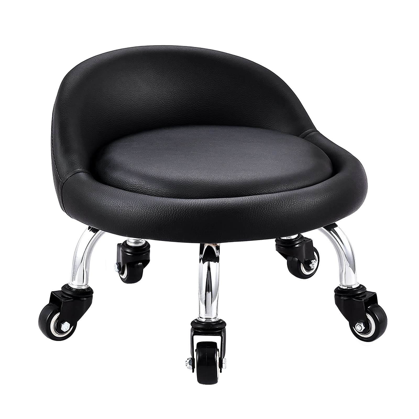 EBANKU Low Roller Seat Wheel Stool Chair Leather Cushion Roller Seats with Back Rest Small 360 Rotating Rolling Stool Seats for Home Office Fitness Round Rolling Seat (Black)