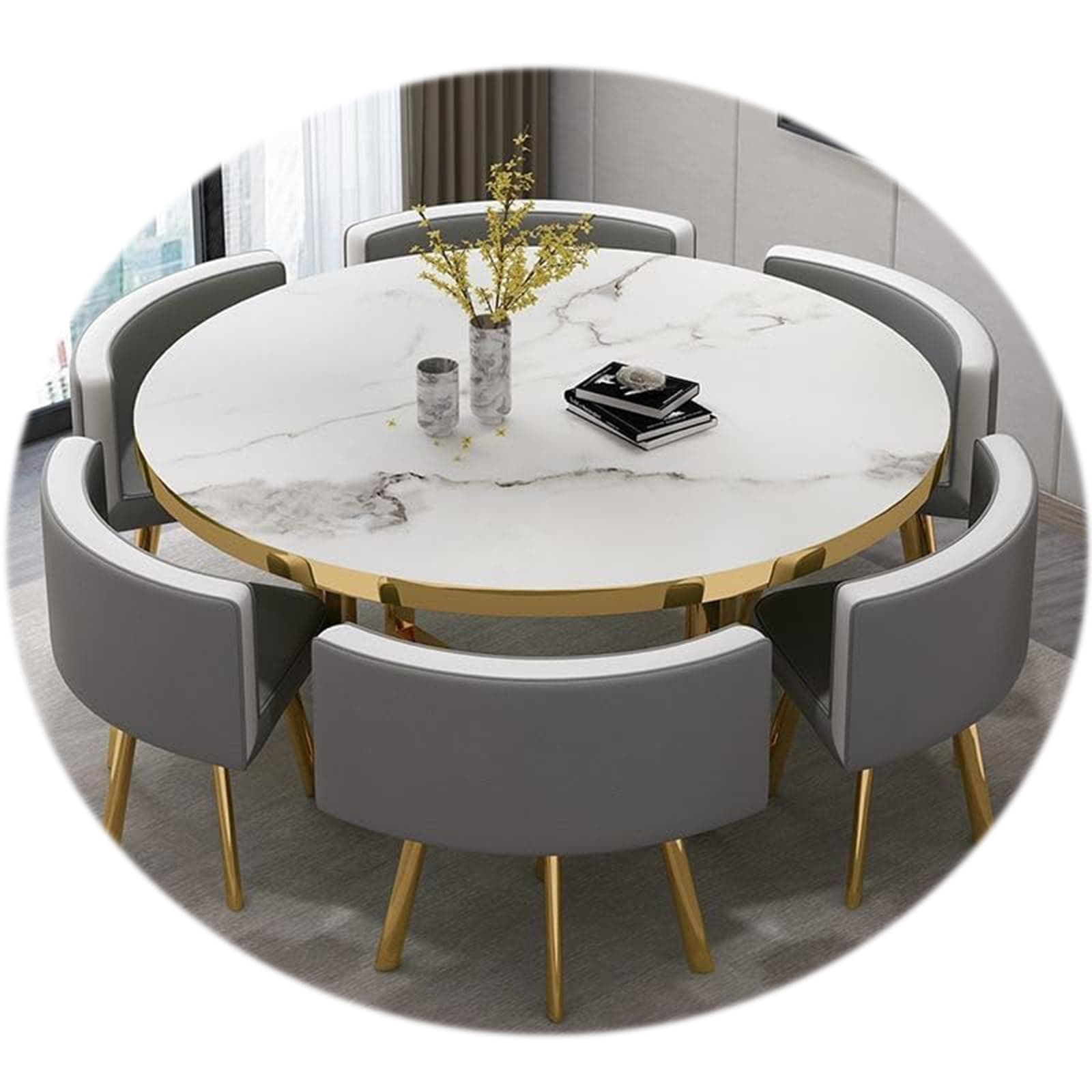 RUANLOV Round Dining Table Set,7-Piece Set With 6 Dining PU leather chairs for Home, Kitchen, Restaurant, Pub, Living Room (D 120CMX120CMX75CM)