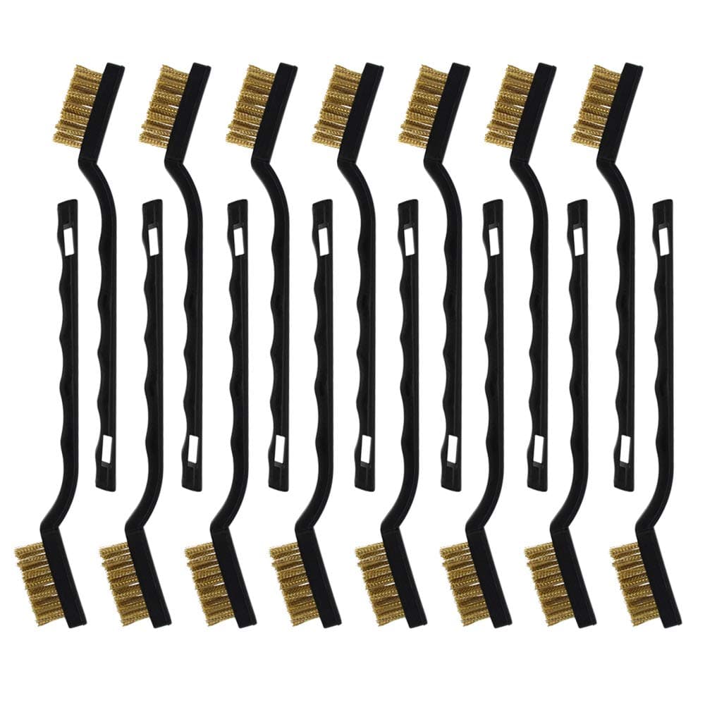 15 Pcs Mini Brass Wire Brush Set for Cleaning Welding Slag Rust, Wire Bristle Scratch Brush Set, Curved Handle Brushes (Brass)