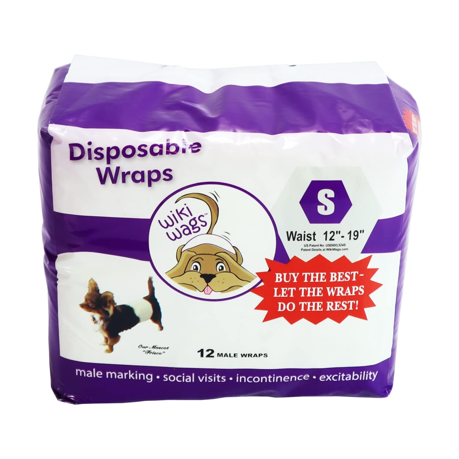 Wiki Wags Brand 12 Small Disposable Male Dog Wraps (Waist: 12"-19")
