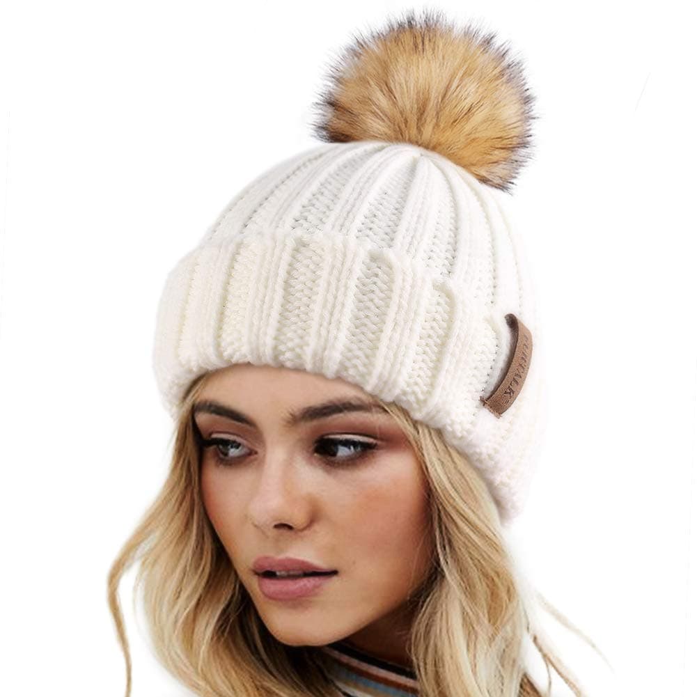 FURTALKWinter Hats for Women Double Layer Fleece Line Beanie Hat with Bobble Pom Pom HatsOEKO-TEX STANDARD 100