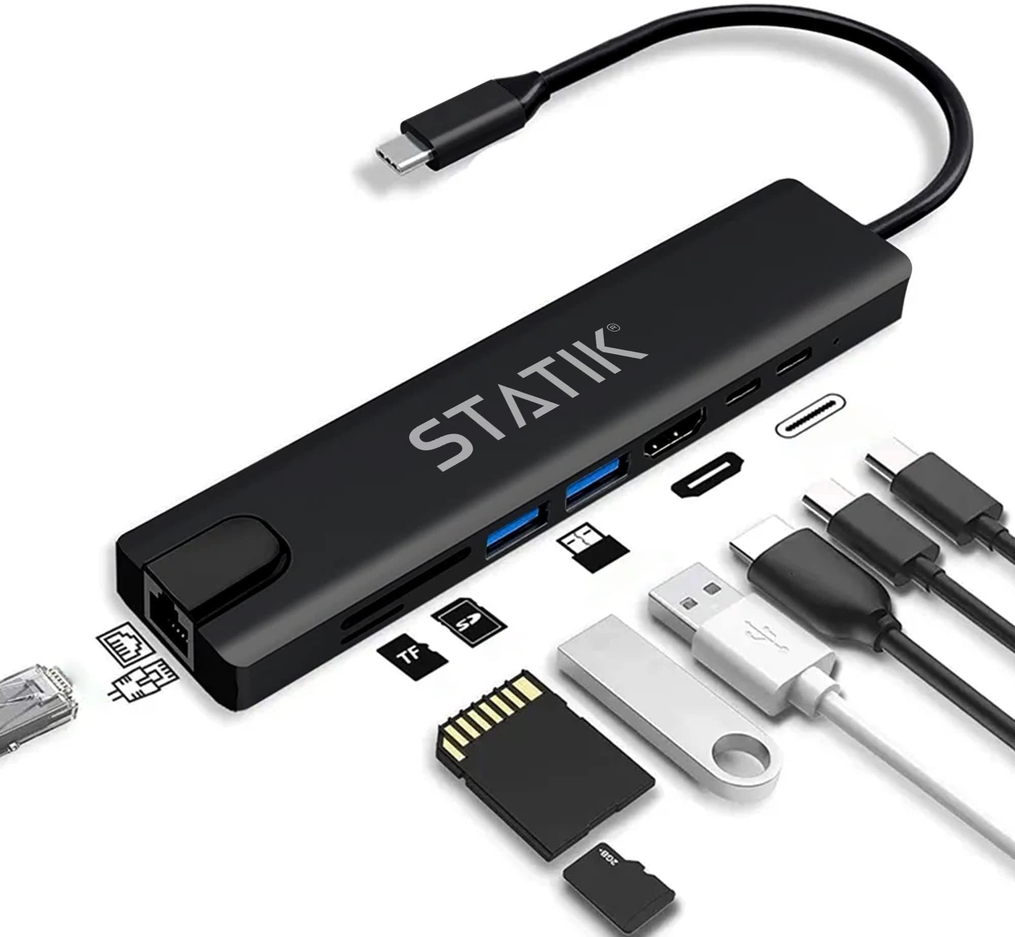 STATIK UltraHub Powered USB C Hub - Multiport Adapter - 8-in-1 Docking Station with 4K USB C HDMI, 100Mbps Ethernet, SD/TF Card Reader & Laptop Dock