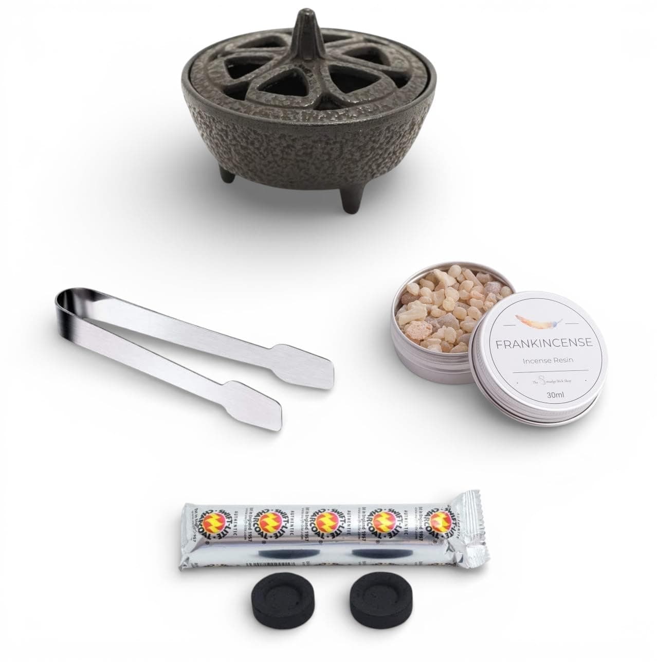 Incense Burner Kit with Cast Iron Burner, Fresh Frankincense Resin, Charcoal and Tongs -Complete Method for Burning Natural Incense