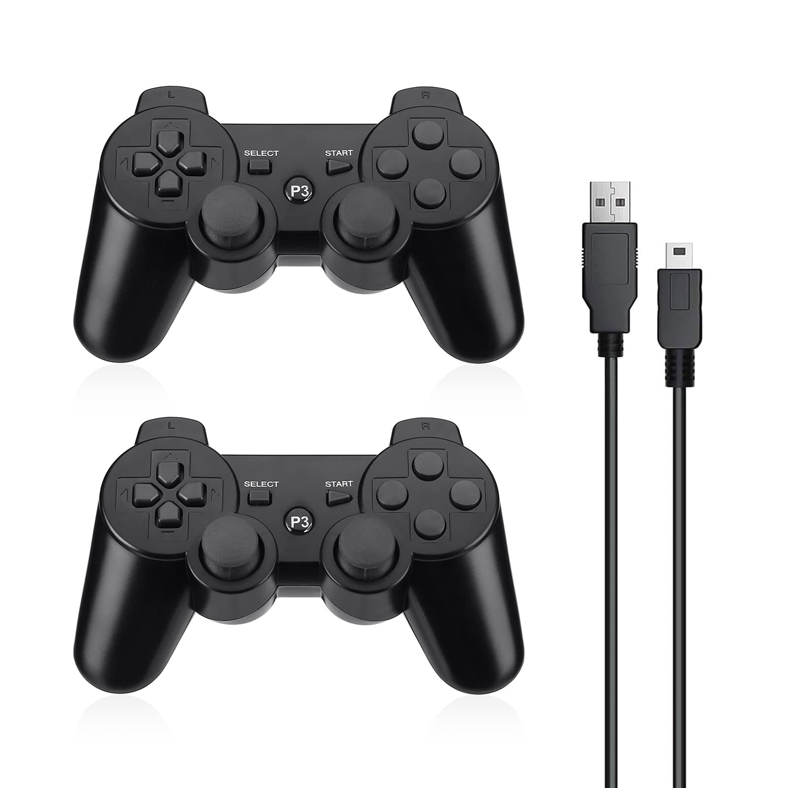 Powerextra Wireless Controller Compatible with PS3, 2 Pack High Performance Gaming Controller with Upgraded Joystick for Play-Station 3 (Black)