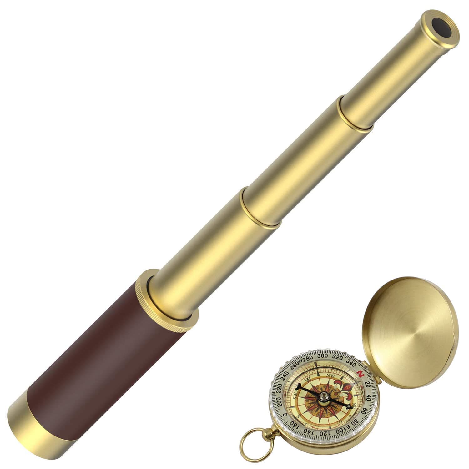 Pirate Spyglass Telescope Pocket Compass Set, Caribbean Collapsible Spyglass Zoomable Pirate Monocular Telescope Handheld Telescope Pirate Spyglass for Bird Watching Hunting Hiking Travelling