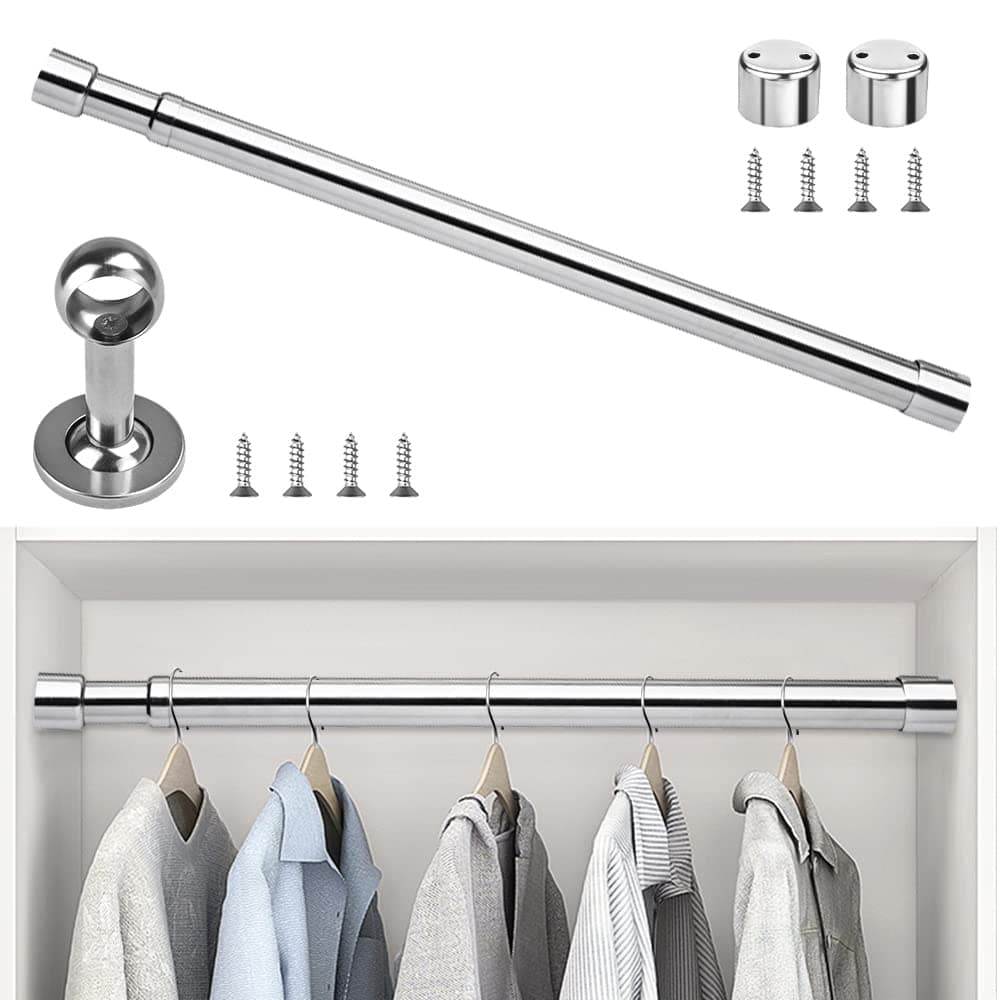 82-152cm Extendable Stainless Steel Wardrobe Rail Adjustable Clothes Rail Pole 25mm Heavy Duty Wardrobe Rod Clothing Hanging Rod with End Sockets & Screw for Wardrobes Shower Balcony Windows