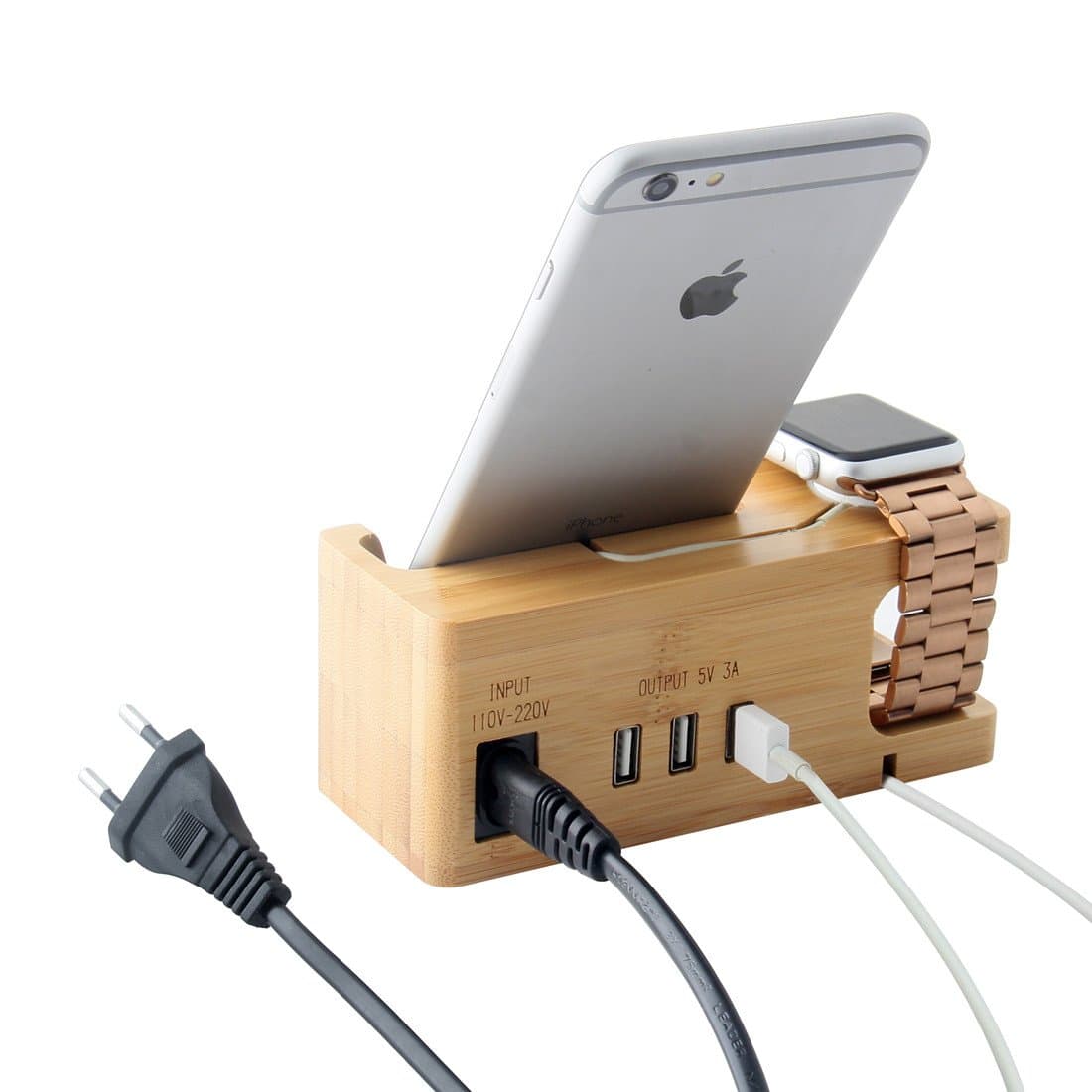 Iputy Apple Watch Ständer, 15W 3A iWatch Halterung Stehen Veranstalter mit Stromadapter, Desktop Bambus Holz Dock Halter für iWatch & Smartphones, Europäischer Stecker (Bamboo mit Netzkabel)