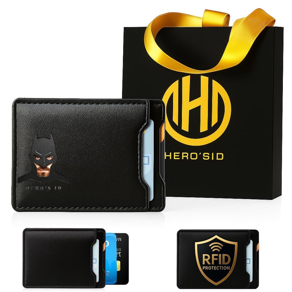 Leather Bat Wallet - Personalized wallet Man Woman, Superhero Mask - Slim Card Holder, Bat ID Heroic wallet- Unique Holiday Gift Birthday, Anniversary, for Dad, Husband, Boyfriend, Wife, Black