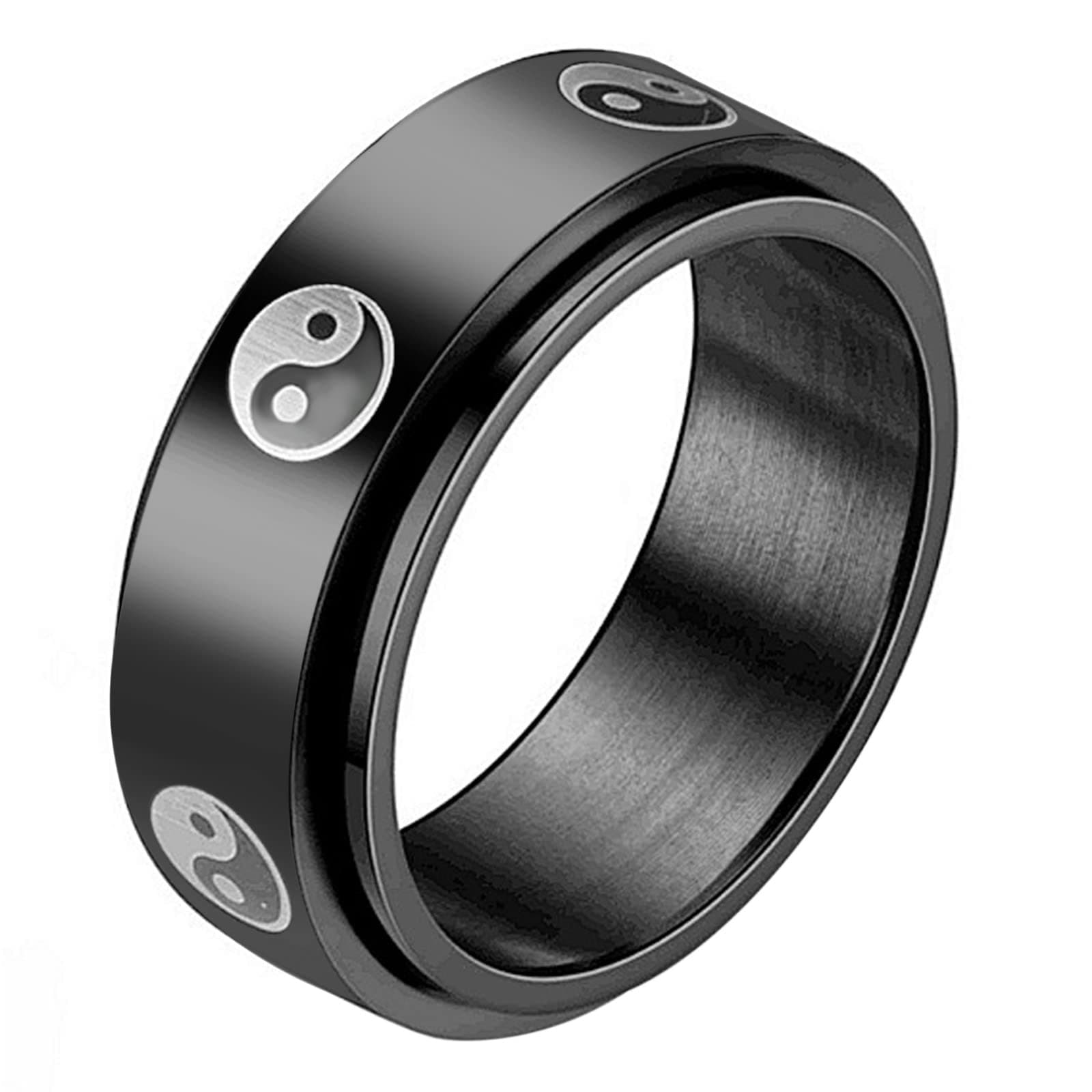 Jakob Miller 8mm Black Stainless Steel Tai Chi Yin Yang Rings Bagua Balance Yin and Yang Ring Women Men Cool Rings Stress Relieveing Fidget Spinner Ring Anxiety Ring, Size 7-11 (JM-M27-015)