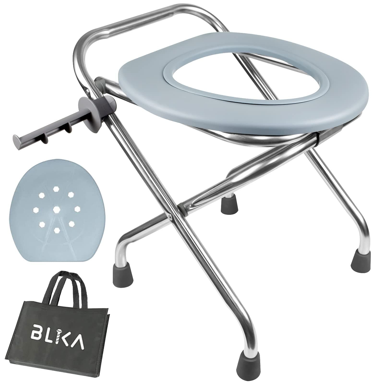 BLIKA Portable Toilet for Camping, 400LBS Weight Capacity, Stainless Steel Seat, Gray