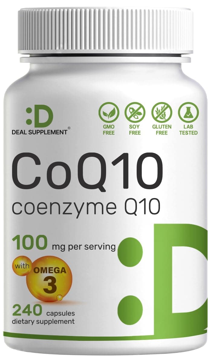 DEAL SUPPLEMENT CoQ10 100mg with Omega 3 100mg, 240 Capsules | Bioavailable Coenzyme Q10 Formula | Non-GMO