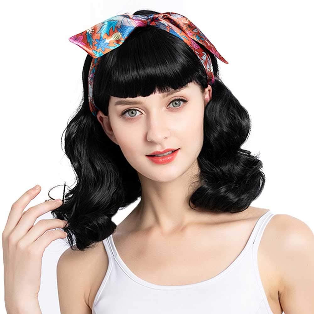 50s Rockabilly Vintage Wavy Black Wig With Bangs - Bettie Page Wig for Woman - Cosplay & Daily Use (14'')
