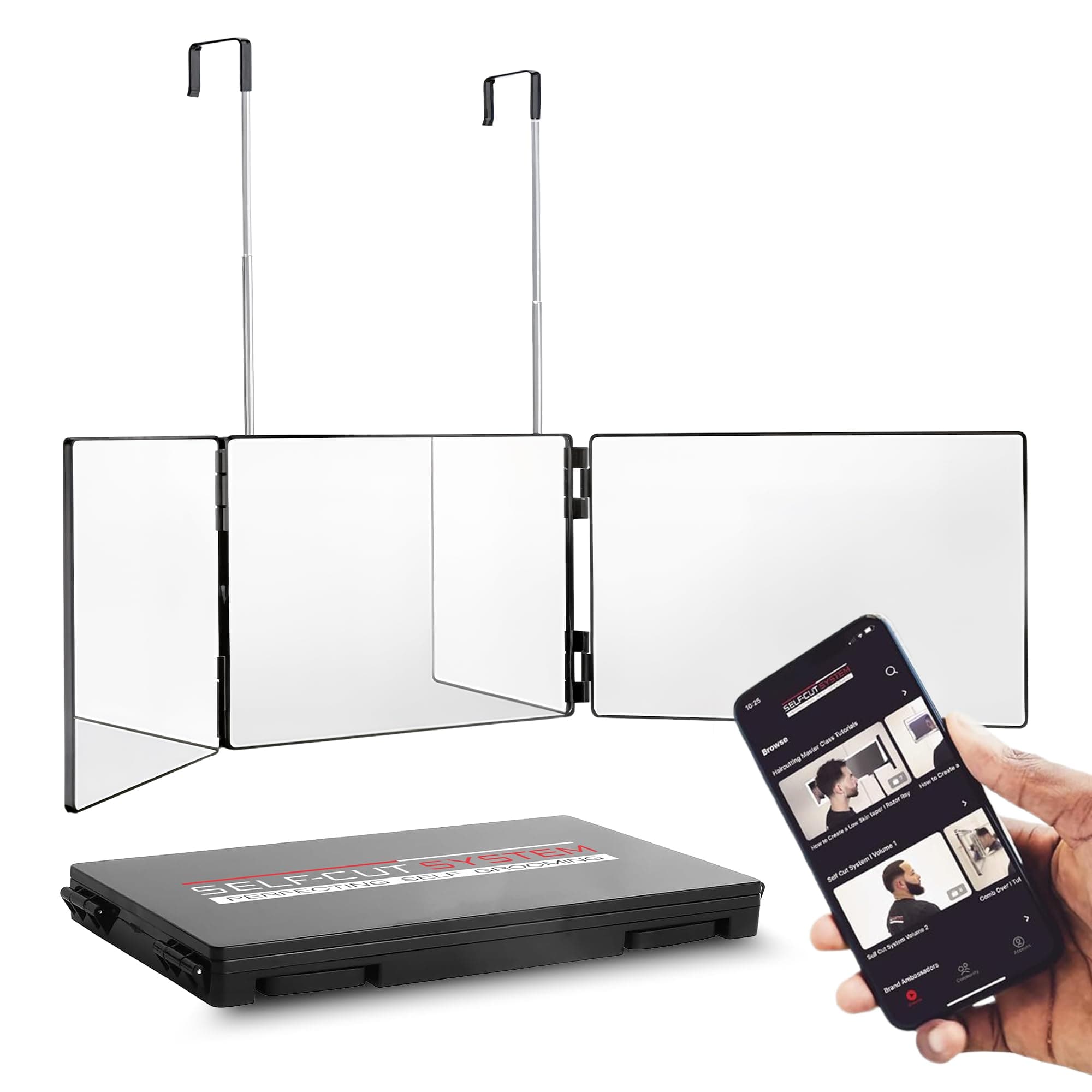 Self Cut System Travel Version - Three Way Mirror for Self Hair Cutting with Height Adjustable Telescoping Hooks and Free Educational Mobile App
