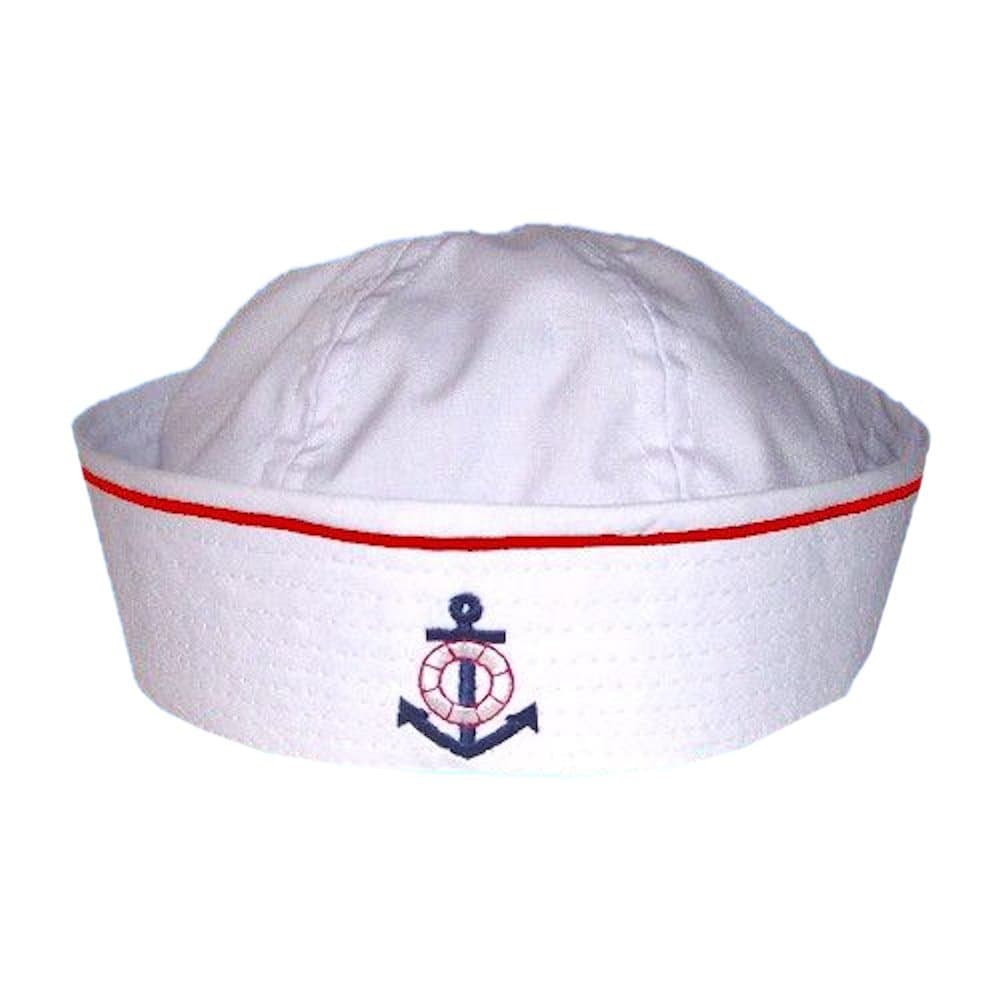 Baby Sailor Hat with Embroidered Anchor and Pinstripe (Large, White with Red Pinstripe)