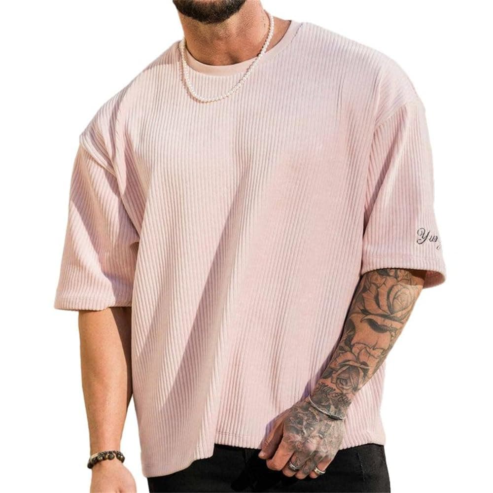 Men Summer T-Shirt Loose Corduroy Basic T-Shirt Solid Color Short Sleeve Men Fitness T-Shirt Classic Round Neck Casual T-Shirt Summer All-Match Men Sport T-Shirt