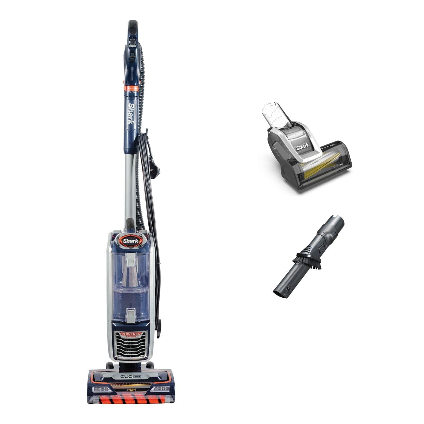 Shark Corded Upright Vacuum Cleaner,0.83L with Anti Hair Wrap Technology & DuoClean, Pet Model, Powered Lift-Away, LED Headlights, Anti-Allergen, 8m Cord, 750W, 3 Attachments, Navy/Orange, NZ801UKT