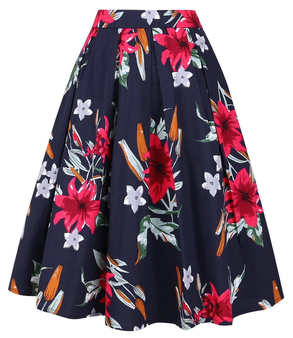 TandiskWomen's Vintage A-line Printed Pleated Flared Midi Skirt with Pockets