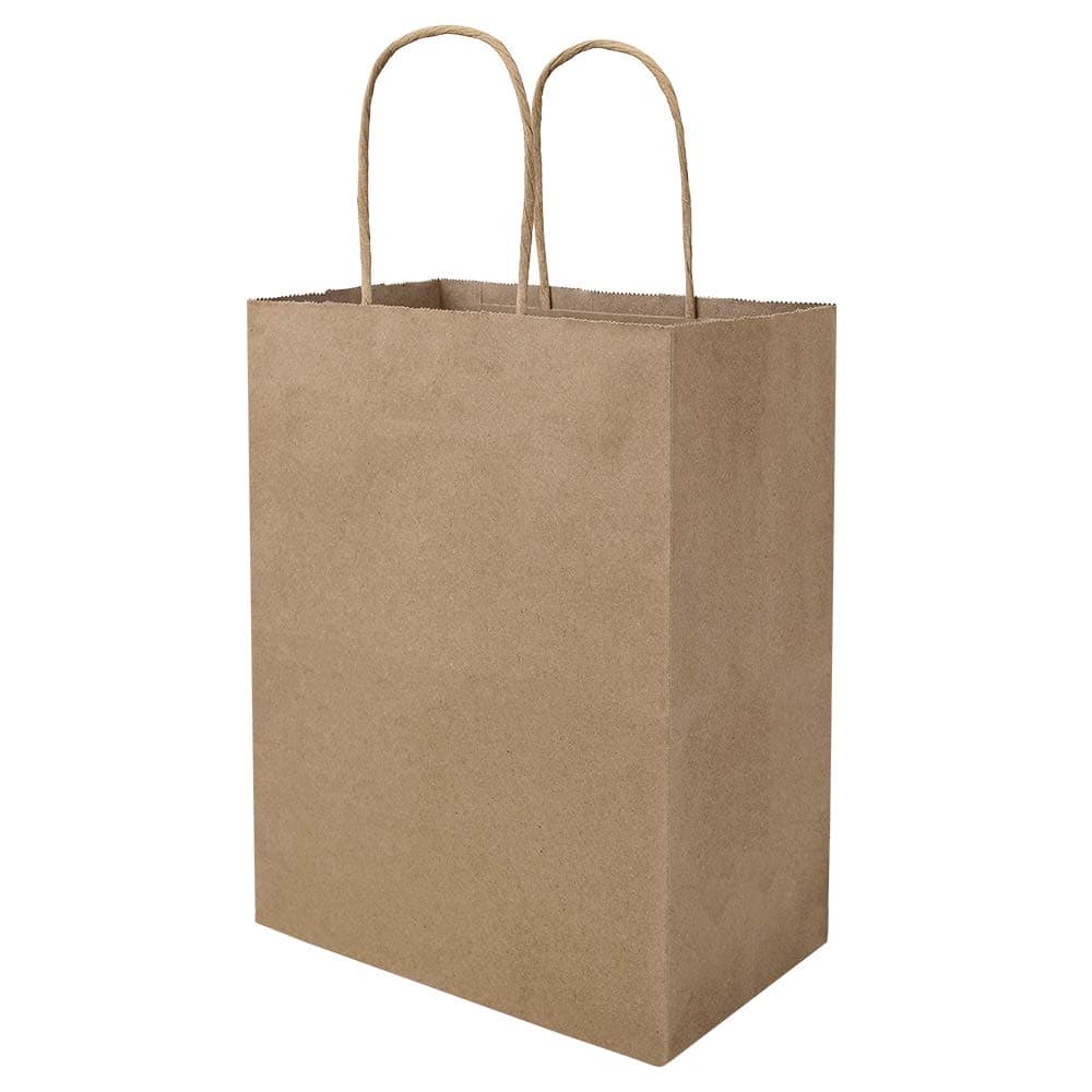 bagmad 50 Pack 8x4.75x10 Inch Plain Medium Paper Bags with Handles Bulk, Brown Kraft Craft Gift Bags, Grocery Shopping Retail Birthday Party Favors Wedding Sacks (Natural 50pcs)