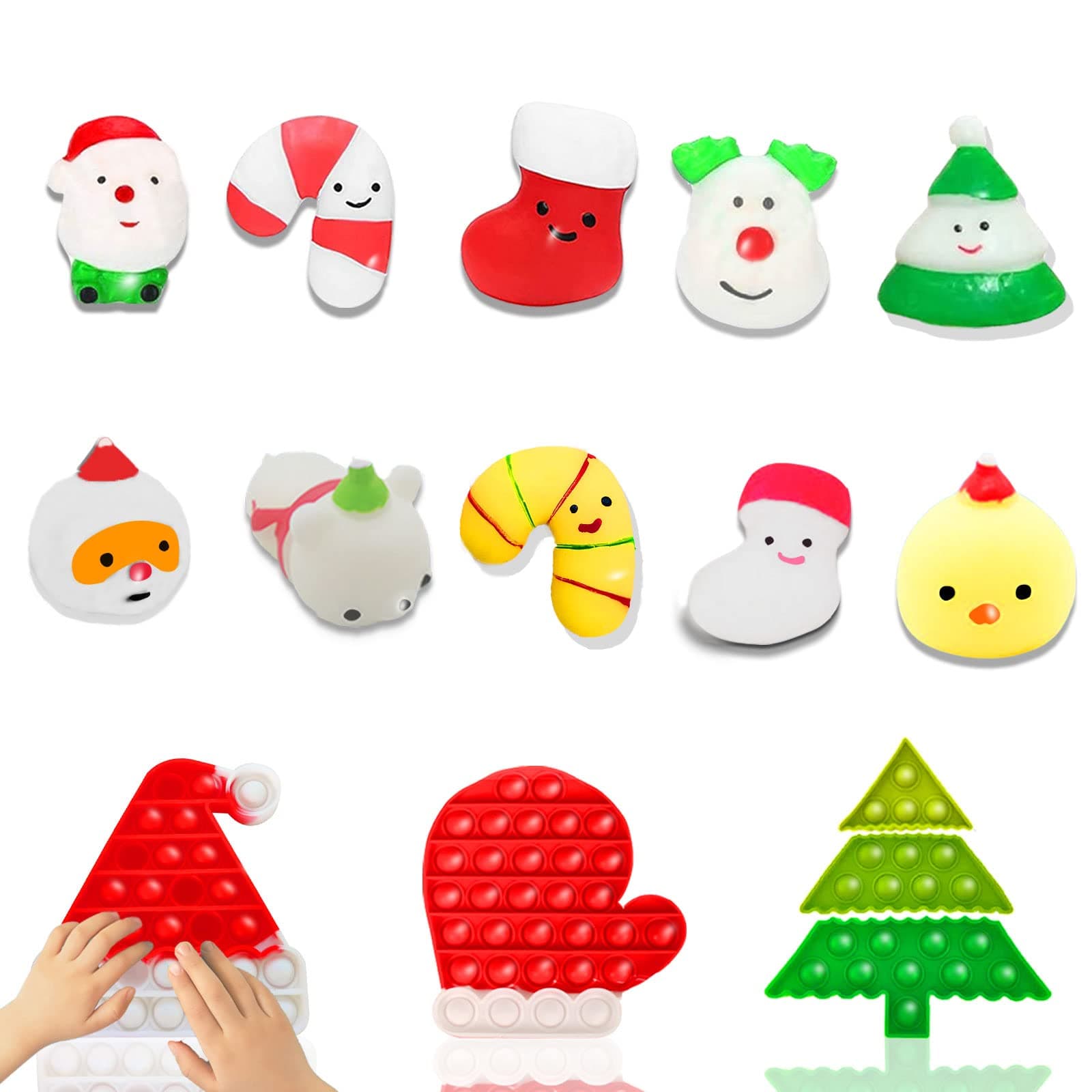 AUBESTKER 15pcs Squishies Christmas Toys Sensory Squishy Toy with Pop Push Bubble Fidget Toy Pack Christmas Tree Hat Glove Squid Popper Anxiety Toys Games for Kids Party Favor