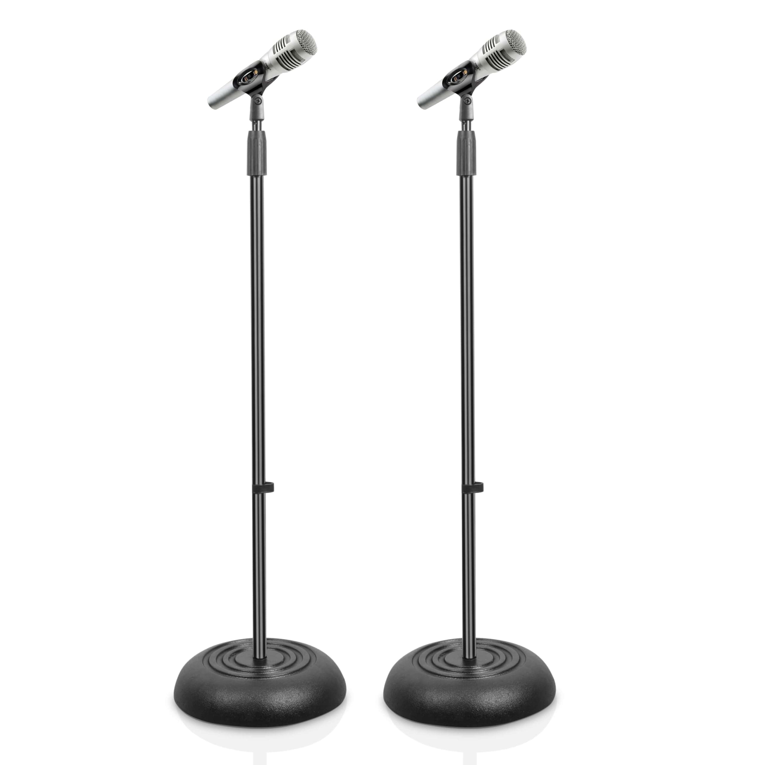 Pyle Universal Compact Base Microphone Stand - 2.8 to 5 Ft Height Adjustable Heavy Duty Lightweight Studio Floor Standing Mic Holder w/Standard 5/8" Mic Adapter - Pyle PMKS5X2 (Pair)