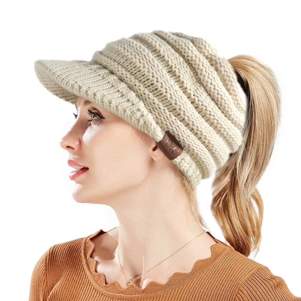 BeanieTail Warm Knit Messy High Bun Ponytail Visor Beanie Cap (Beige)