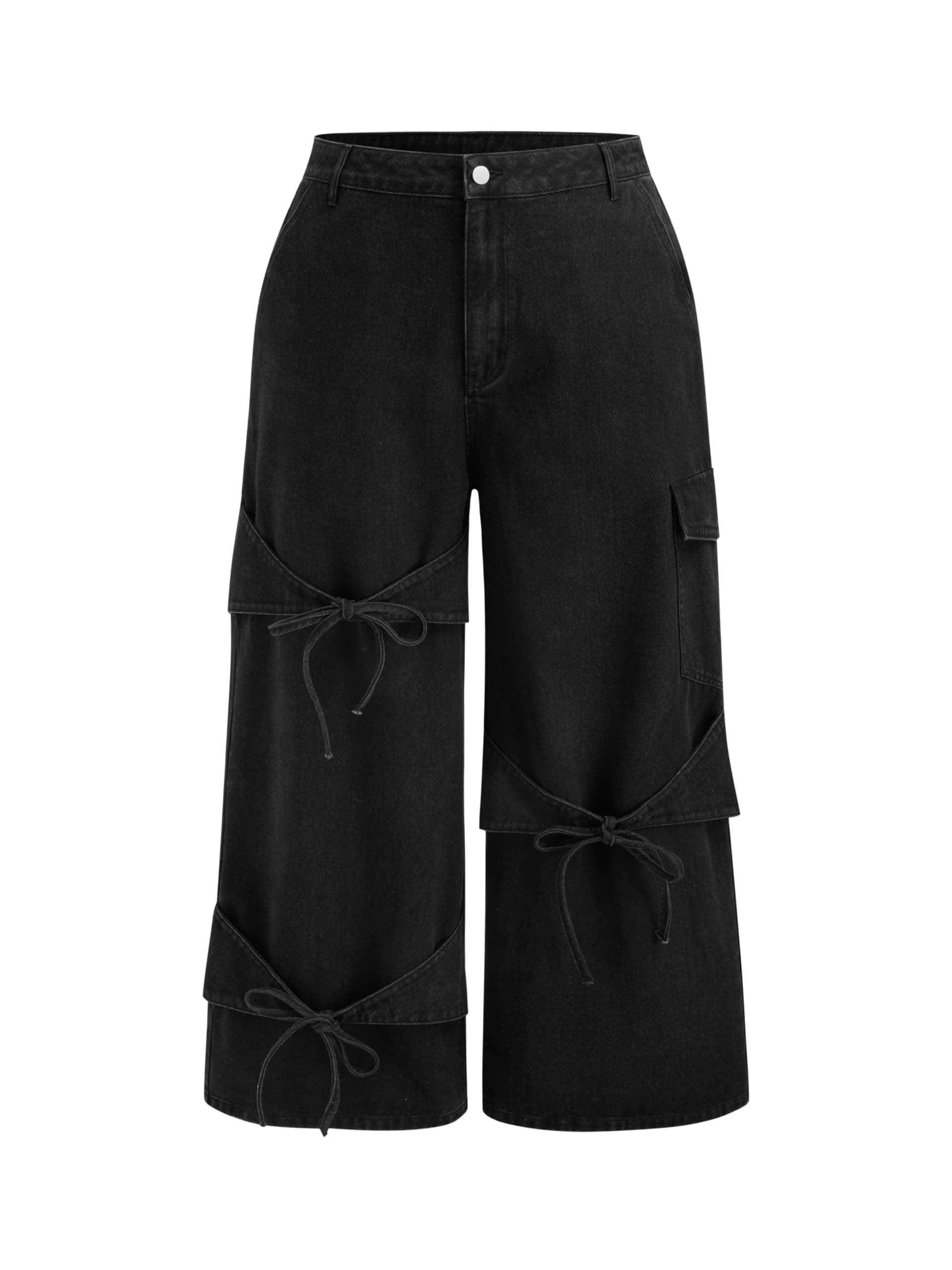 CIDER Denim Mid Rise Solid Bowknot Pocket Wide Leg Jeans Curve & Plus
