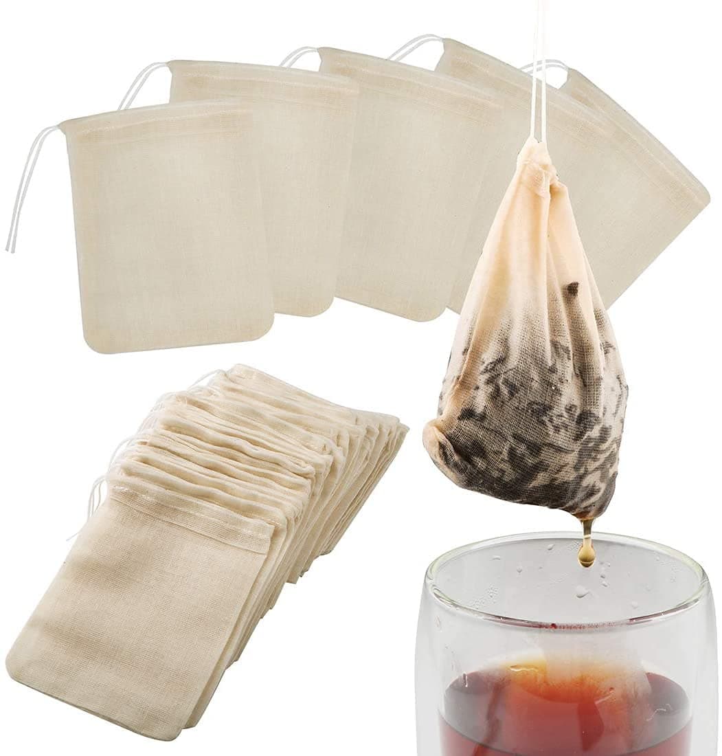 Tea Filters Strainer Bags Reusable Coffee Brew Herb Cheesecloth Muslin Drawstring Mesh Bag with Drawstring Unbleached for Loose Leaf Tea Office Home Kitchen, 4x3 Inch (Pack of 20)