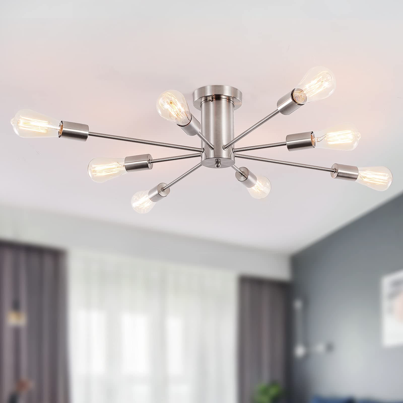 ANKYLHUA Sputnik Chandeliers Brushed Nickel 8 Light Semi Flush Mount Ceiling Light Fixture with E26 Base Modern Chandeliers for Dining Room, Bedroom, Living Room, Kitchen, Mid Century