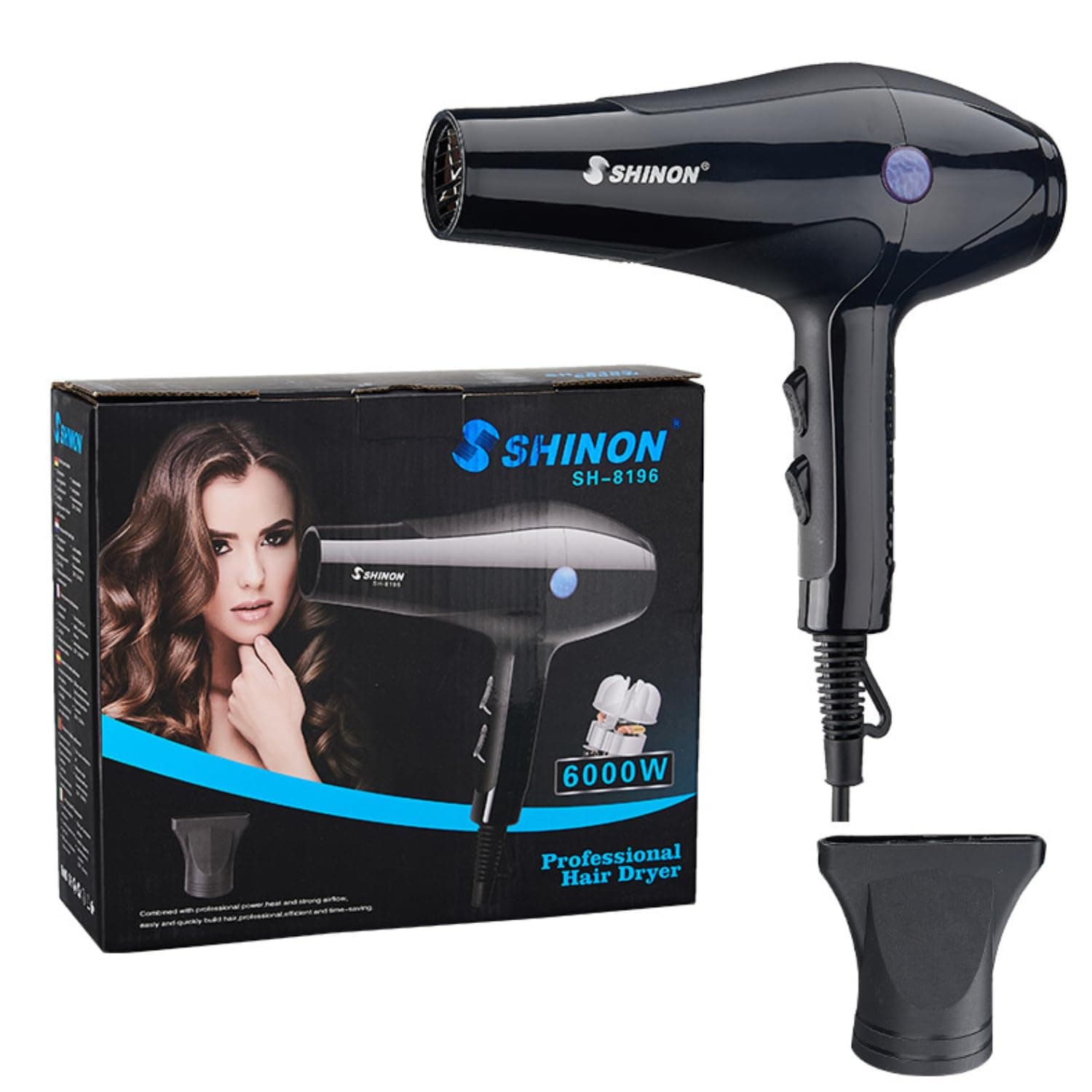 SHINON SH-8196 Professional Hair Dryer 6000 Watts 3 Heat Setting (Hot/Cool/Warm) 2 Speed Setting with Styling Nozzle Concentrator, Overheating Protection Styling Tool cool & hot Air, Black