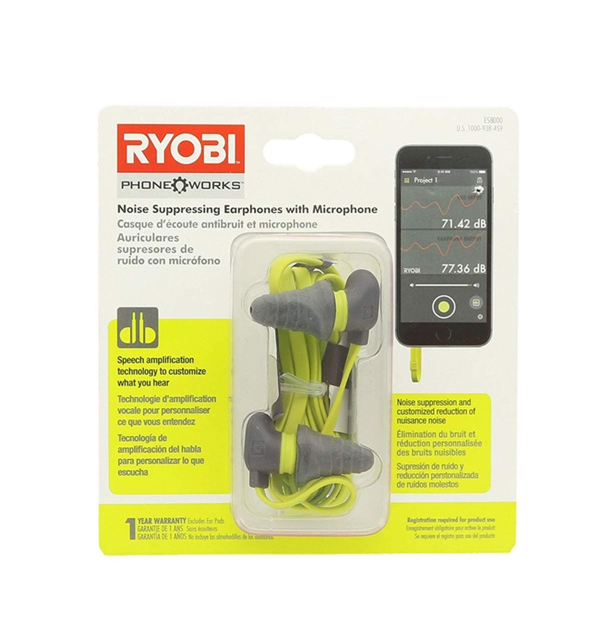 Ryobi ES8000 Phone Works Jobsite Noise Suppressing Earphones with Voice Amplifying Microphone