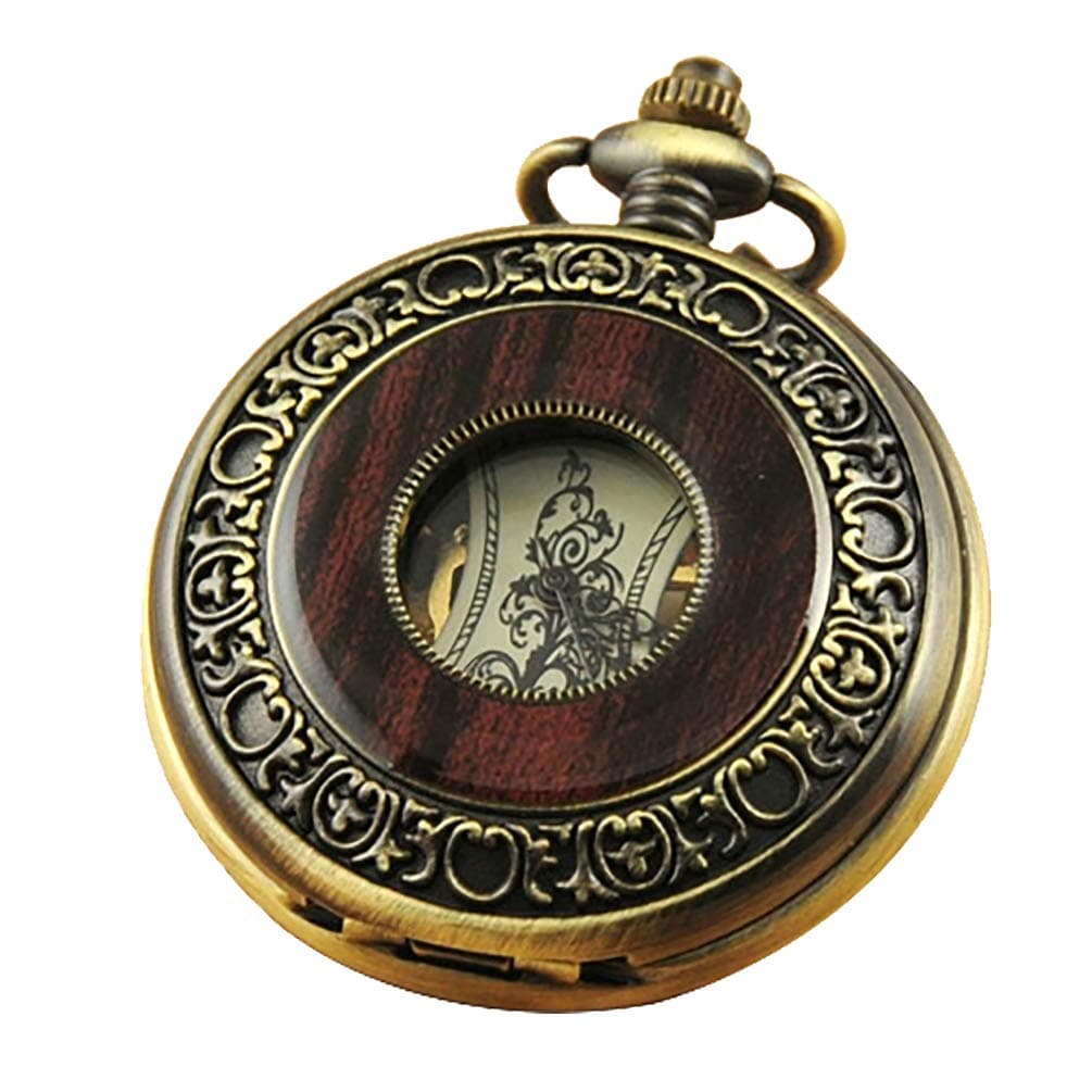 Men's Hand-Wind Mechanical Pocket Watch Vintage Steampunk Wood Grain Hollow Design with Chain and Box